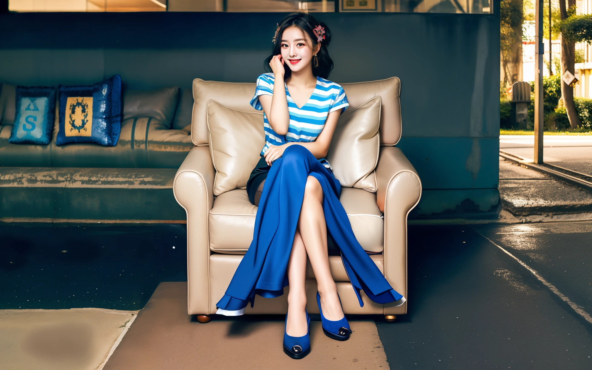 a girl,black skirt,curvy arms, long hair, black hair, have, incredibly beautiful, strong posture,A confident smile, very beautiful, cute,Korean,21 years old。