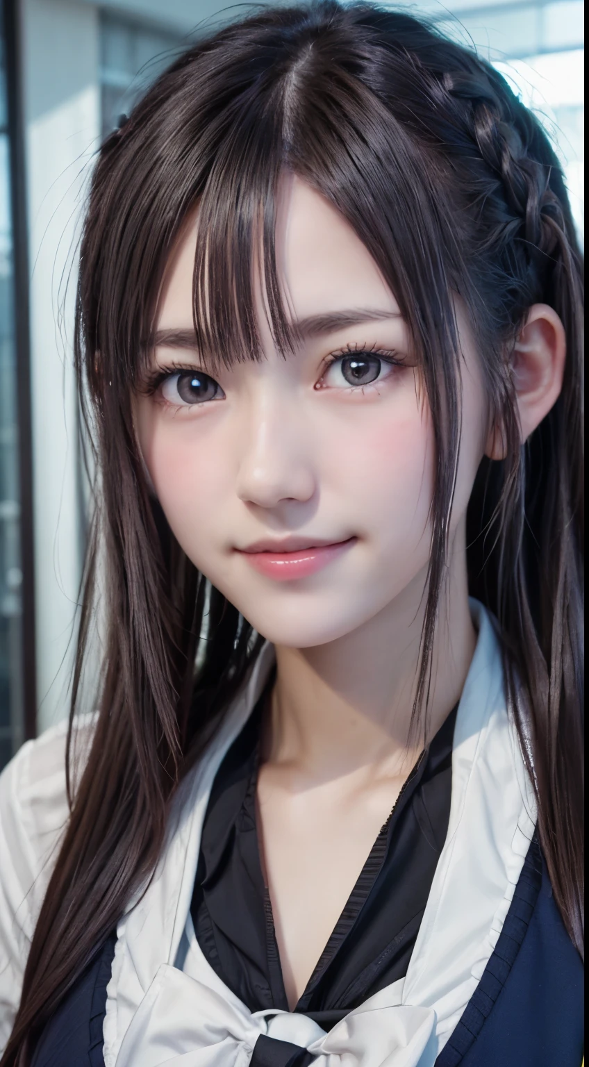 1 girl, Super cute, wonderful face and eyes, (Beautiful lovely smile), (Highly detailed beautiful face), bright and shiny lips,  Keep staring at me, super beautiful, (school uniform:1.3), (highest quality:1.4), (hyper quality), (super detailed), (surreal, Photoreal:1.37), real skin texture, Highly detailed CG integrated 8K wallpaper, RAW photo, professional photos, cinematic lighting,