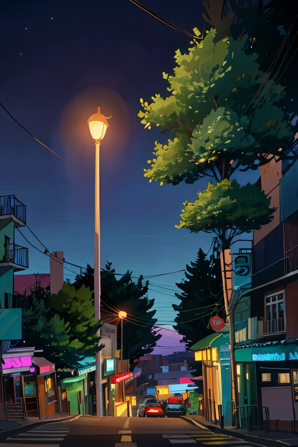 nighttime scene of a street with a car and street lights, anime background art, anime background, beautiful anime scene, beautiful anime scenery, anime landscape wallpaper, street background, background artwork, amazing wallpaper, anime scenery, night street, anime art wallpaper 8 k, night scenery, anime countryside landscape, anime movie background, calm night. digital illustration, anime scene