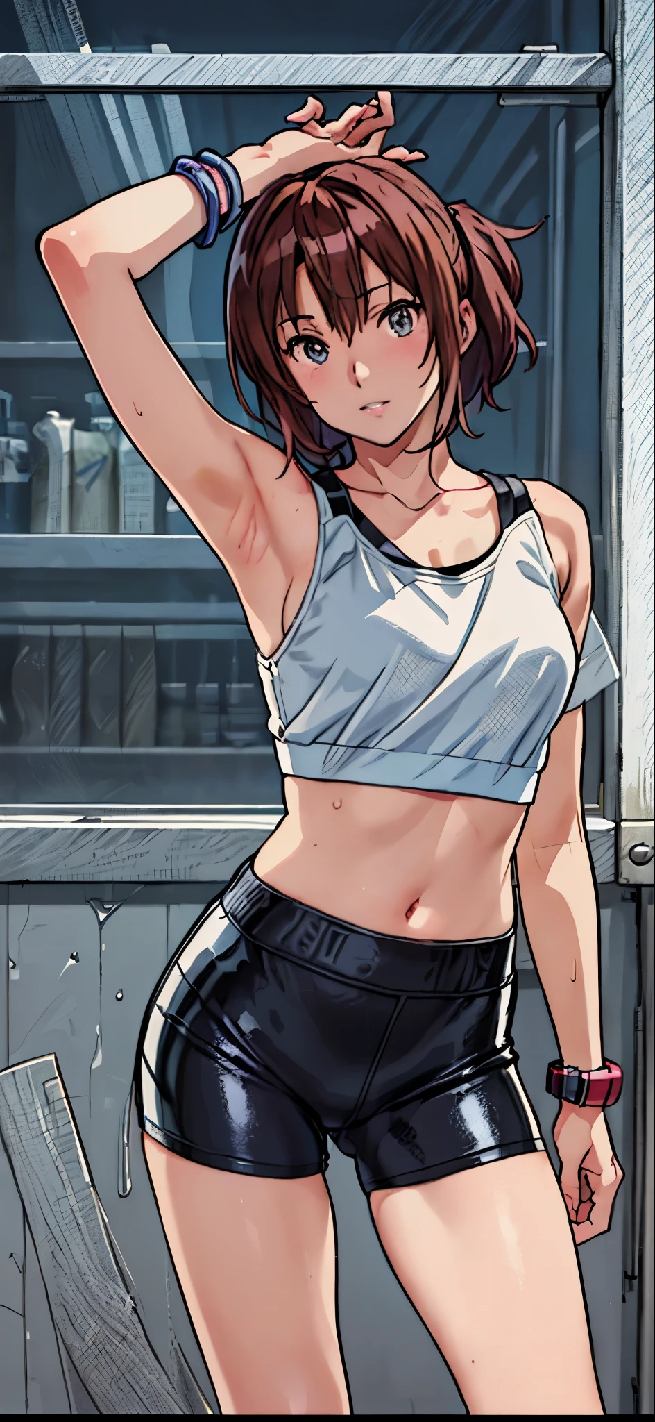 (Best Quality,4K,8K,hight resolution,masutepiece:1.2), Ultra-detailed, (Realistic,photoRealistic,photo-Realistic:1.37), ((full body)),((very-short-hair-girl)), Wearing sweat,grin,arms up,((sports bra and black leggings)), wristbands,White loose socks,Black sneakers,Beautiful detailed eyes, Beautiful detailed lips, extremely detailed eye and face, long eyelashes, Realistic anime 3D style, Smooth Anime CG Art, Digital rendering by Makoto Shinkai, Moe Anime Art Style, photoRealistic rendering of an anime girl, Shinkai Makoto style, Cute anime girl visuals, Realistic young anime girl, girl fan art, Created by Anime Artist'studio of.