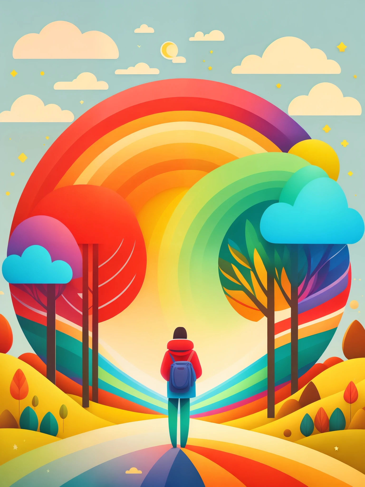 art illustration,rainbow,portrait,trees,rich and colorful, rainbow, small , Contrasting colors, in the spring landscape, icon design, Rozmin trip, vector art