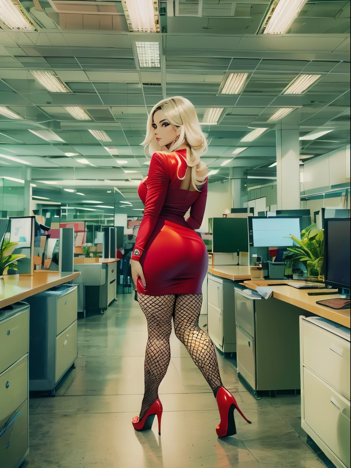 View from behind, Bebe Rexha, in a modern office, office cubicles in background, wearing red dress, very tight dress, short skirt, fishnet stockings,