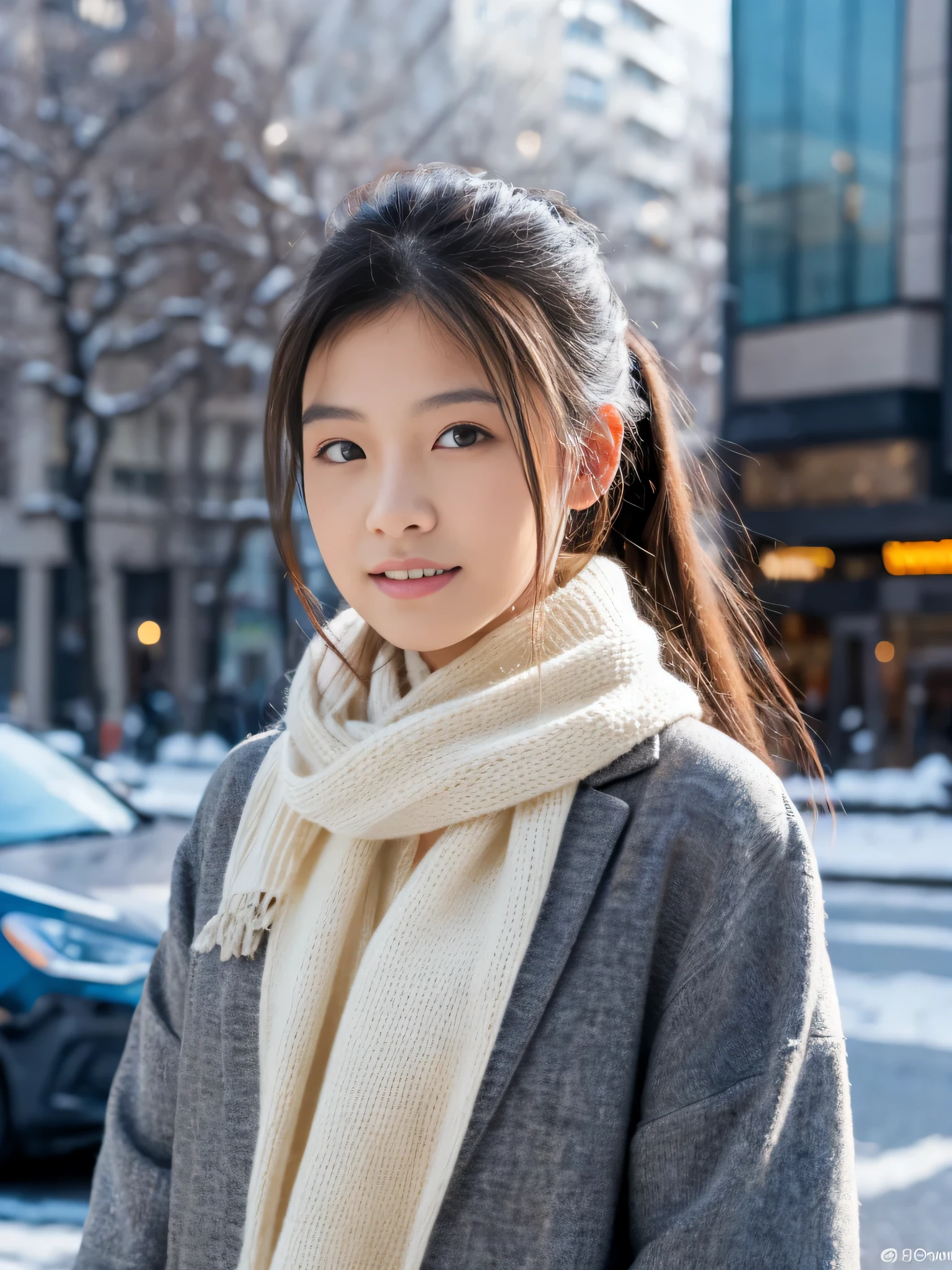 Photoreal, 8K full-length portrait, Beautiful woman, ponytail, attractive look, Clear system, , Tokyo city, winter, Shibuya in the background