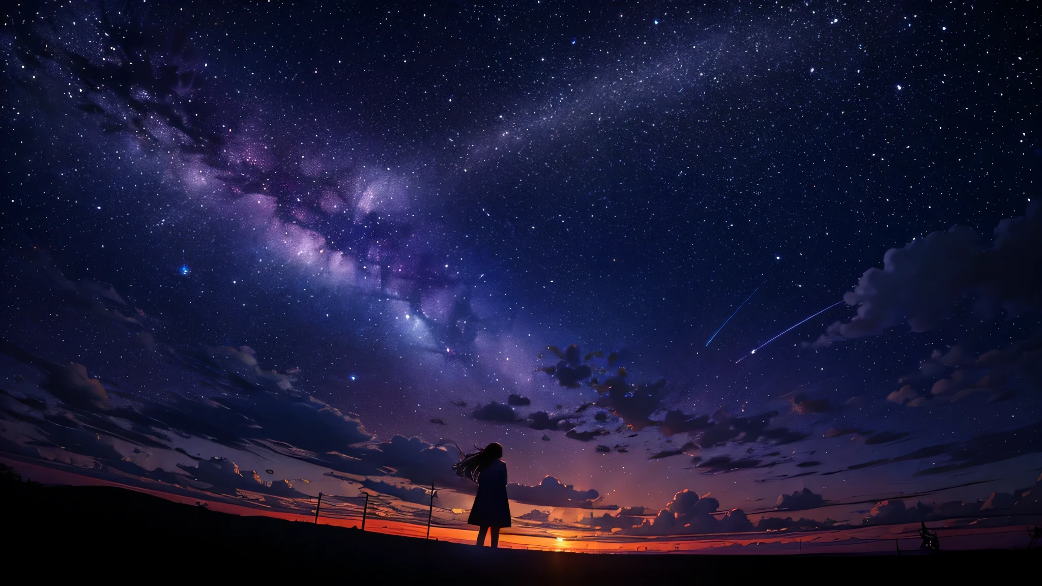 octane, null, star (null), scenery, starry null, night, 1 girl, night null, alone, outdoor, sign, building, cloud, milky way, sitting, wood, long hair, city, silhouette, cityscape