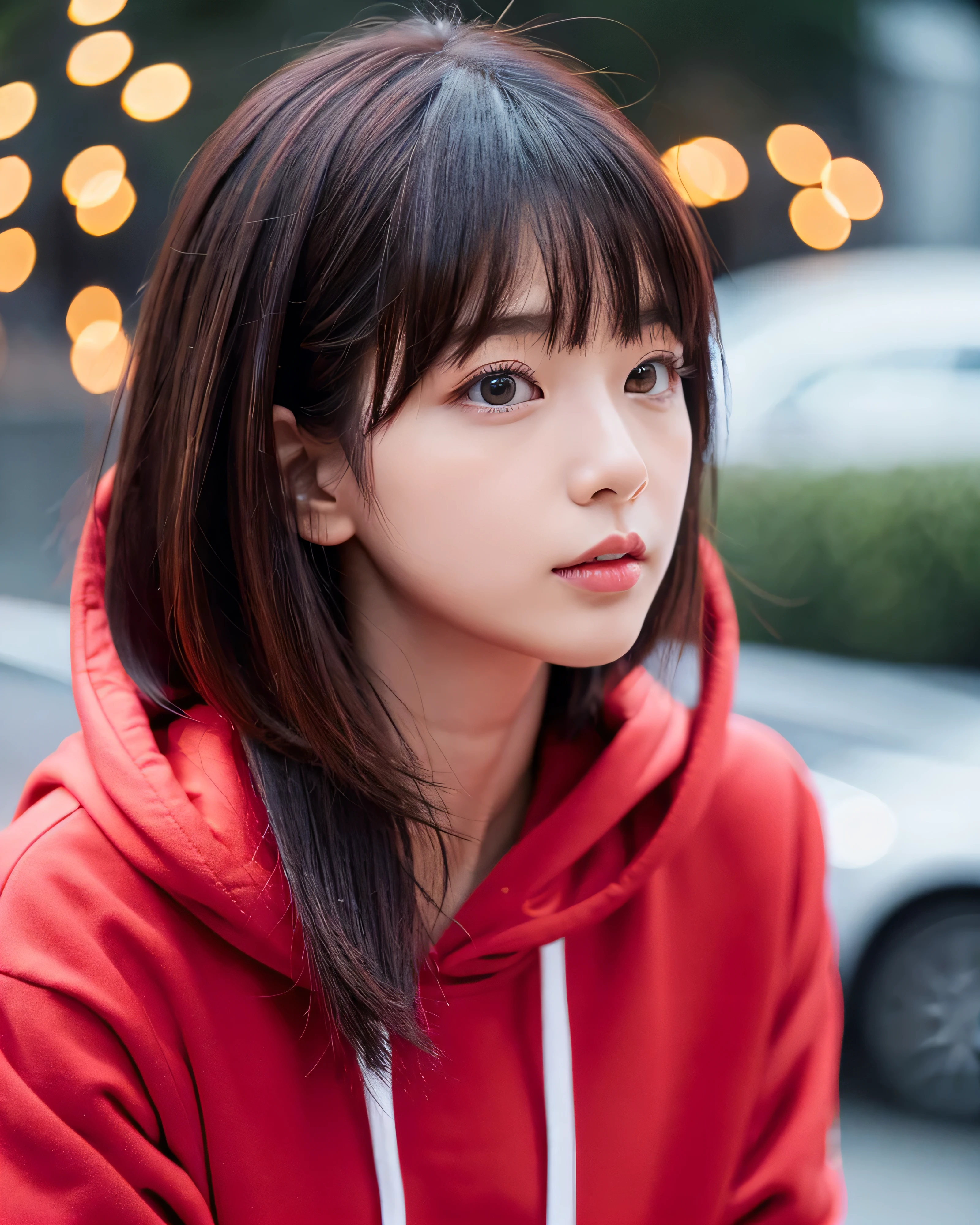 beautiful japanese girl、big magical eyes、detailed beautiful eyes、thin eyebrows、complex red hair、Asymmetrical bangs、smooth soft skin、pale pink lips、Emeral look、black oversized hoodie、wearing a hood、early morning street、rain、detailed and beautiful neon、red hair、short cut hair、Black tank top、Detailed and perfect clavicle、Beautiful high resolution chest、denim shorts、beautiful legs、rain滴る、red hair、bob hair、professional lighting、Professional photographer