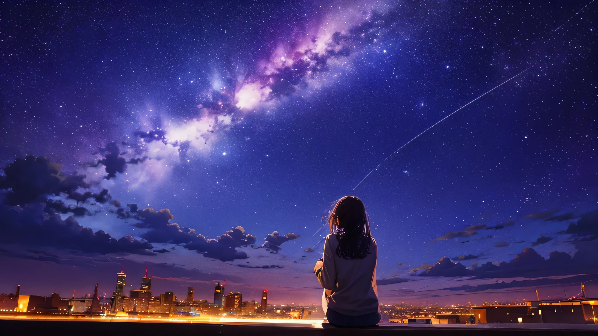 octane, null, star (null), scenery, starry null, night, 1 girl, night null, alone, outdoor, building, cloud, milky way, sitting, wood, long hair, city, silhouette, cityscape