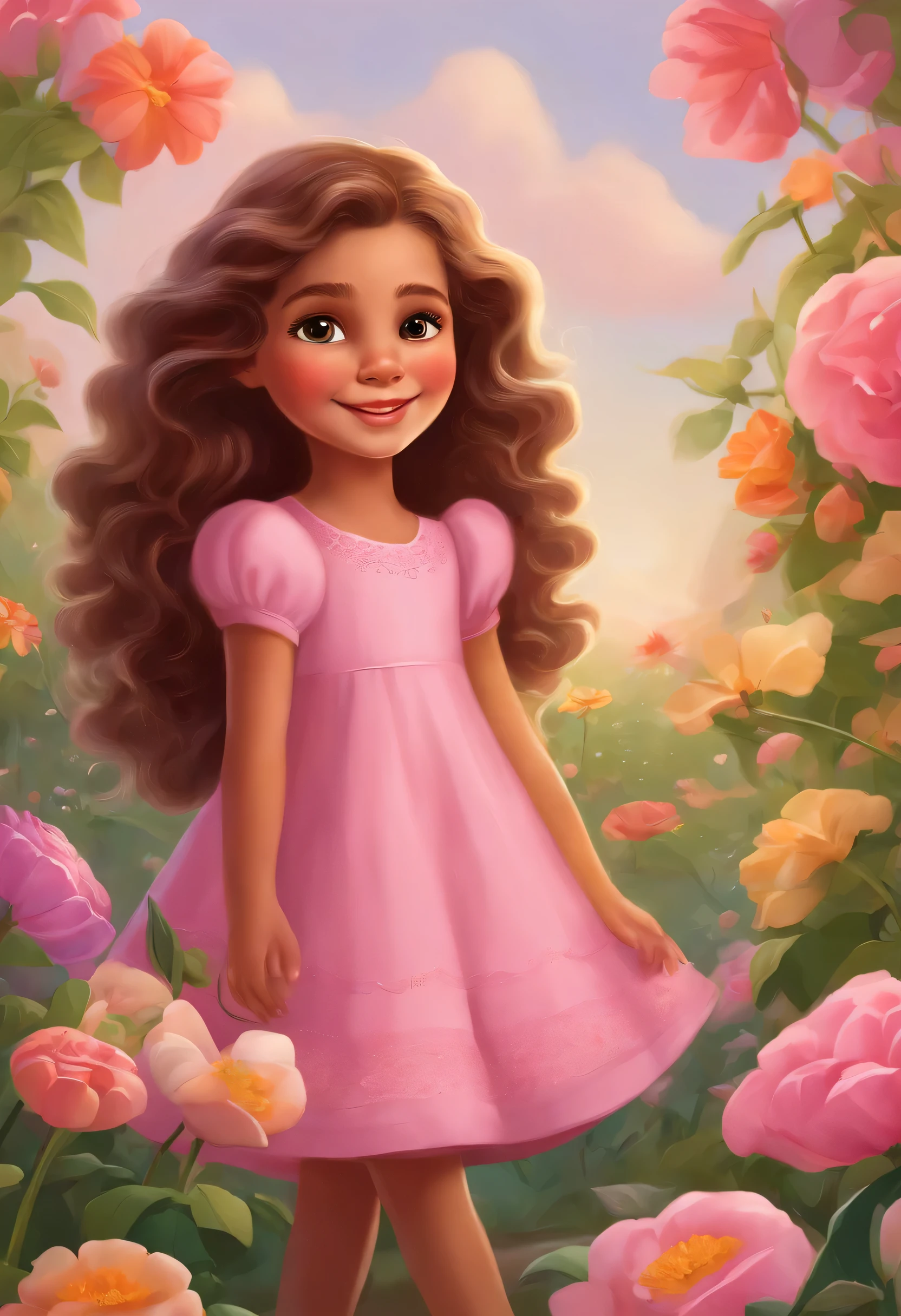 Cute 5 year old girl in baby pink frock enjoying in the middle of enormous colorful flowers, curly long hair, brown eyes, pink dazzling shoe, realistic, authentic, beautiful and amazing landscape oil ,children book illustration style, cover of children's story book style Pixar style, -- 4:5