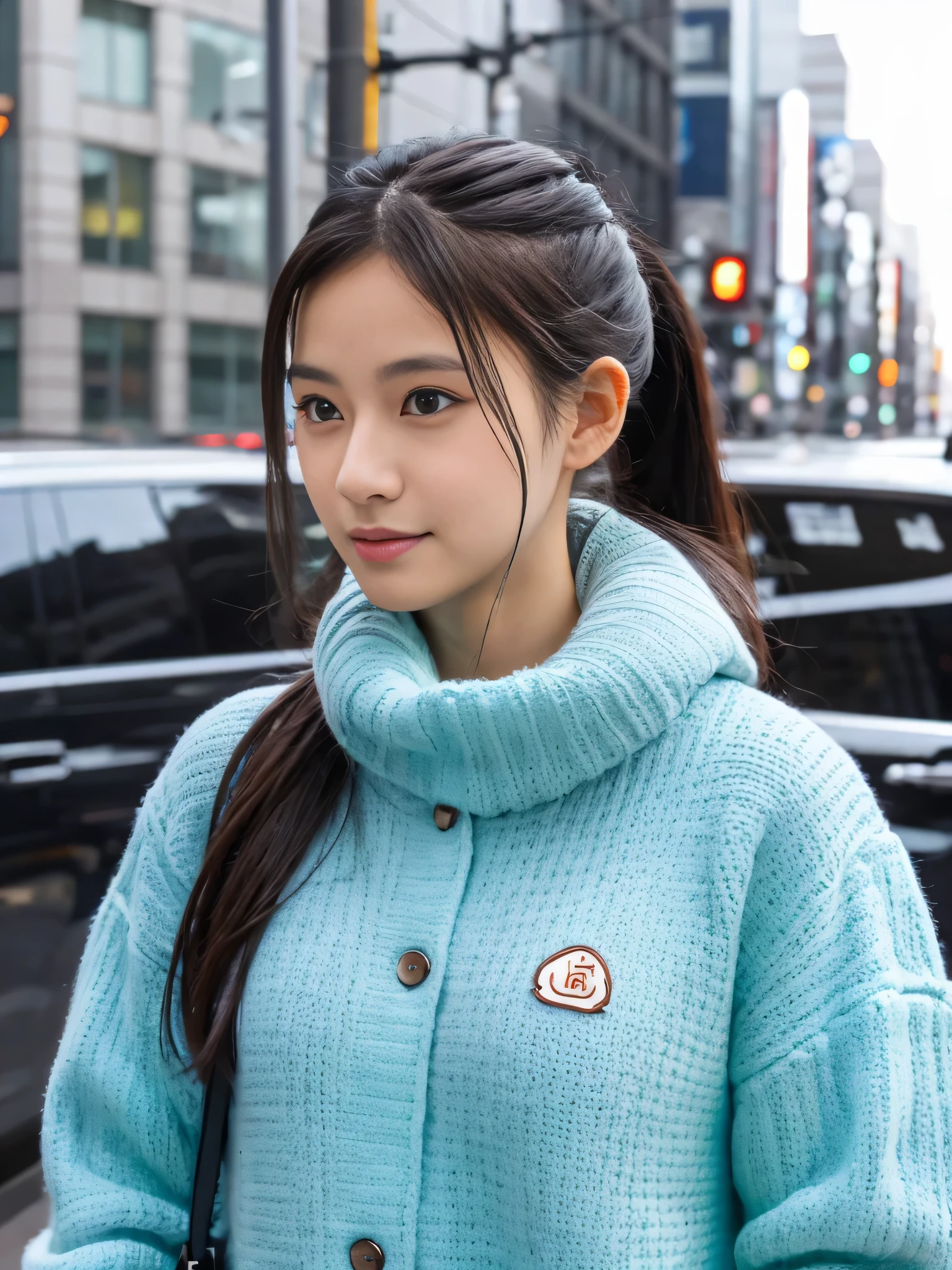 Photoreal, 8K full-length portrait, Beautiful woman, ponytail, attractive look, Clear system, 16 years old, Tokyo city, winter, Shibuya in the background