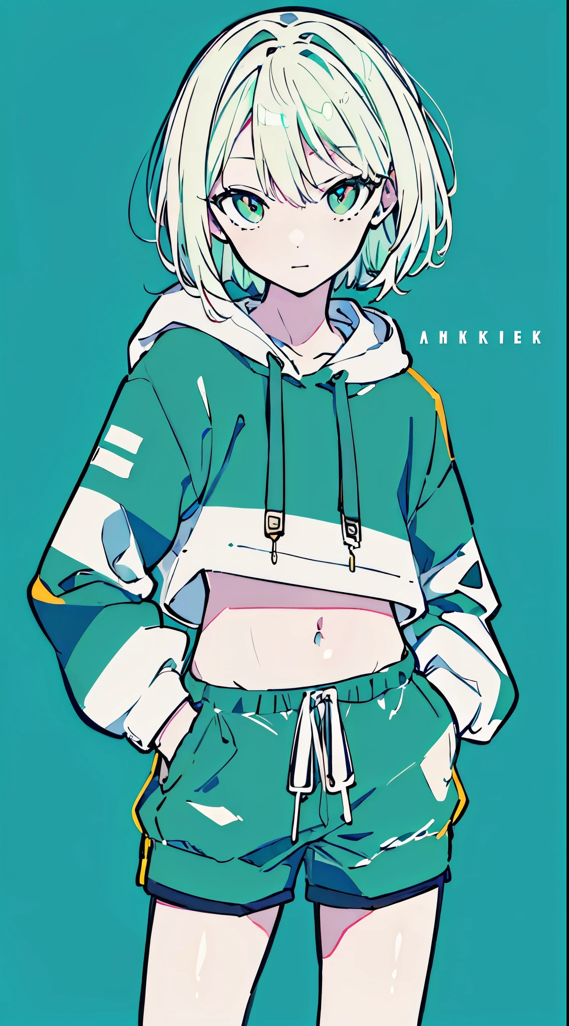 (masterpiece, highest quality:1.6), alone, thick outline, (simple background, Dark green background, monochrome, dark green theme:1.2), official art, Key Visual, 8K, confused, whole body, (Unique hair, oversized hoodie, hot pants, arch back, short torso:1.2), belly button, thighs, cowboy shot, HDR, sharp focus, High resolution, most detailed, very detailed, Super detailed, finely, detailed eyes and face, sharp pupils, realistic student, alone, green and white contrast, alone, hands in pockets