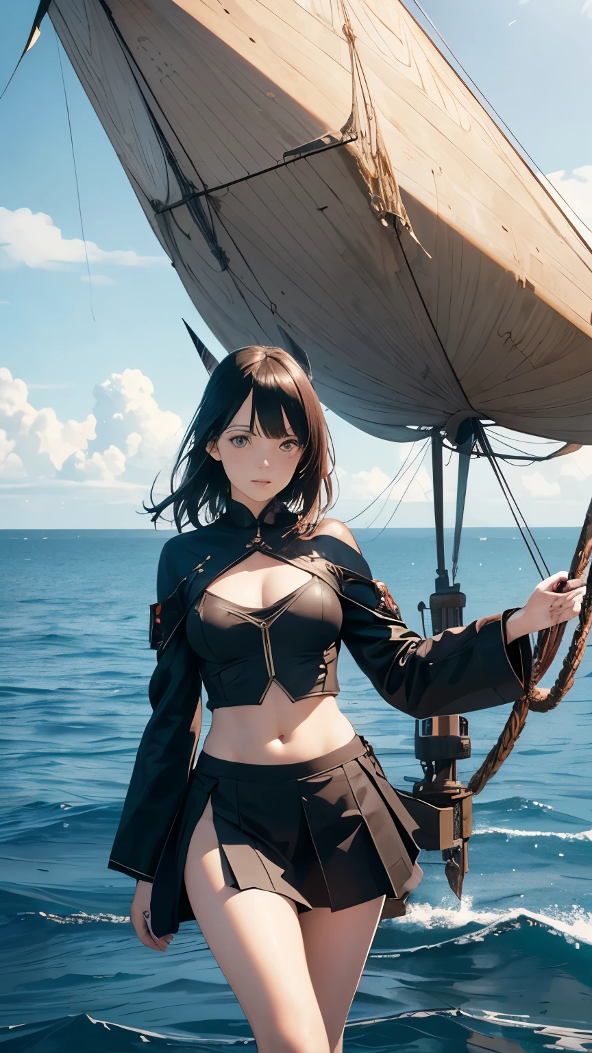 Duncan Fegredo, Stevan Dohanos, Surreal, mysterious, strange, fantastical, fantasy, Sci-fi, Japanese anime, sea of ​​sky, inversion and reversal, flying sailing ship, miniskirt beautiful girl, perfect voluminous body, detailed masterpiece Hyper Realistic sharp focus 