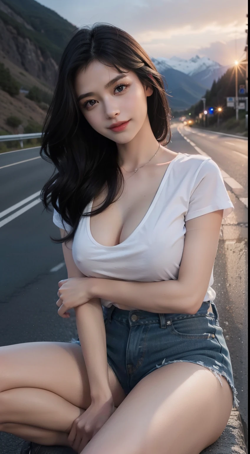 1girl seductively sitting on middle of highway, (( sitting on middle of highway road)),((mountain valley highway)),((evening time)),(sunset evening time),mountain valley highway background, ,(big breast),((big )), (cleavage), (( wearing loose thin tshirt and short)),(characters play),looking to camera, (smiling),( long black hair),(perfect fingers),(perfect blue eyes),masterpiece collection,seductive  random pose,(closeup camera view),high resolution, highly detailed,