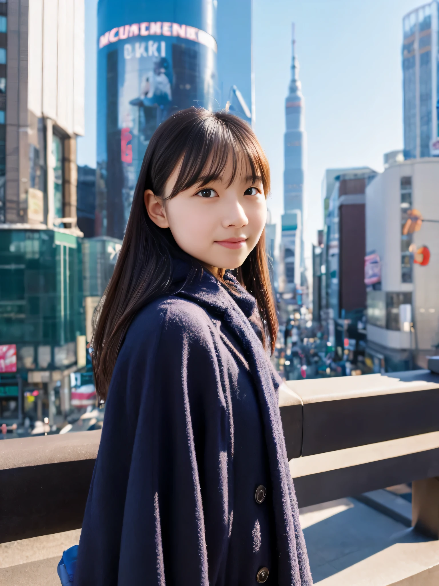 Photoreal, 8K full-length portrait, Beautiful woman, attractive look, Clear system, 16 years old, Tokyo city, winter, Shibuya in the background