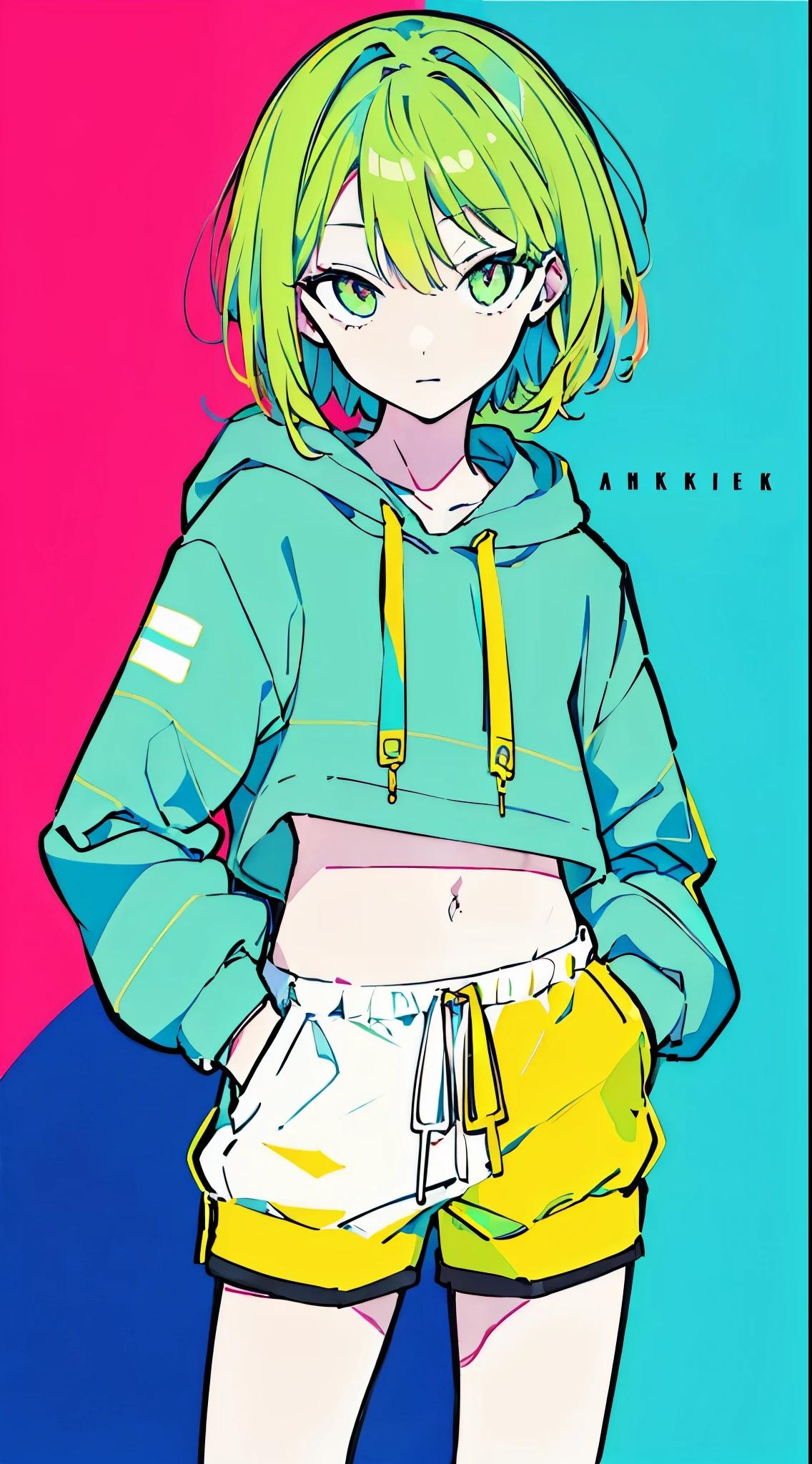 (masterpiece, highest quality:1.6), alone, thick outline, (simple background, red green background, monochrome, bright green theme:1.2), official art, Key Visual, 8K, confused, whole body, (Unique hair, oversized hoodie, hot pants, arch back, short torso:1.2), belly button, thighs, cowboy shot, HDR, sharp focus, High resolution, most detailed, very detailed, Super detailed, finely, detailed eyes and face, sharp pupils, realistic student, alone, green and white contrast, alone, hands in pockets