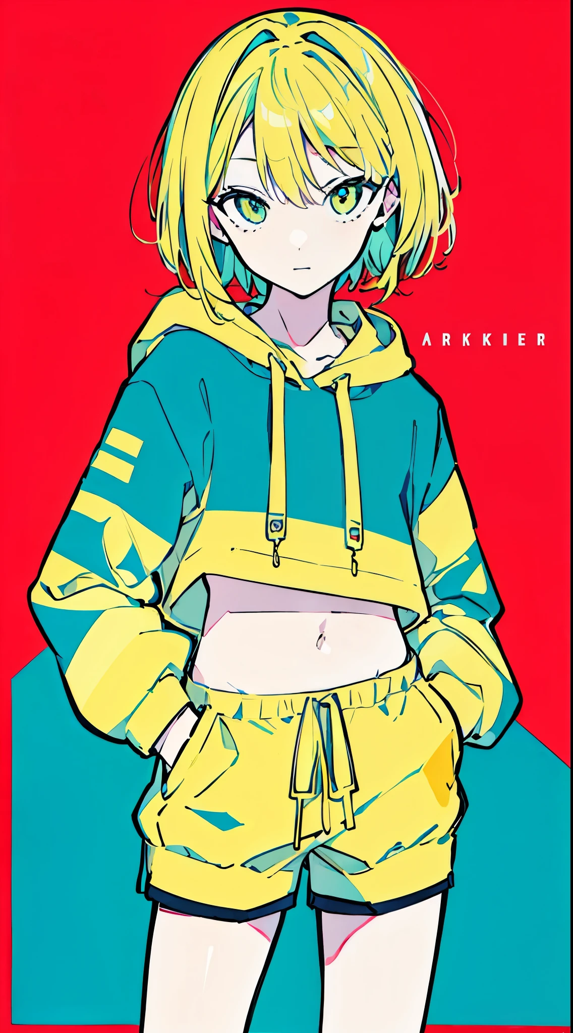 (masterpiece, highest quality:1.6), alone, thick outline, (simple background, red green background, monochrome, bright green theme:1.2), official art, Key Visual, 8K, confused, whole body, (Unique hair, oversized hoodie, hot pants, arch back, short torso:1.2), belly button, thighs, cowboy shot, HDR, sharp focus, High resolution, most detailed, very detailed, Super detailed, finely, detailed eyes and face, sharp pupils, realistic student, alone, green and white contrast, alone, hands in pockets