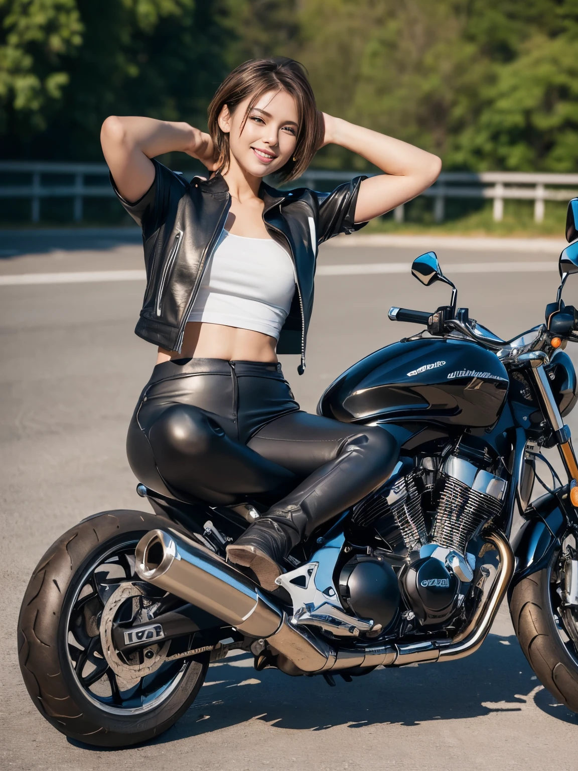 ((highest quality, 8K, masterpiece: 1.3)), sharp: 1.2, perfect body beauty: 1.4,pretty girl,Light brown short hair,(((??????? a motorcycle))),slender body,A loose-fitting motorcycle jacket and matching leather pants,Highly detailed face and skin texture,((full body shot)),Natural light,smile,((((Stretch your arms horizontally and wink))))