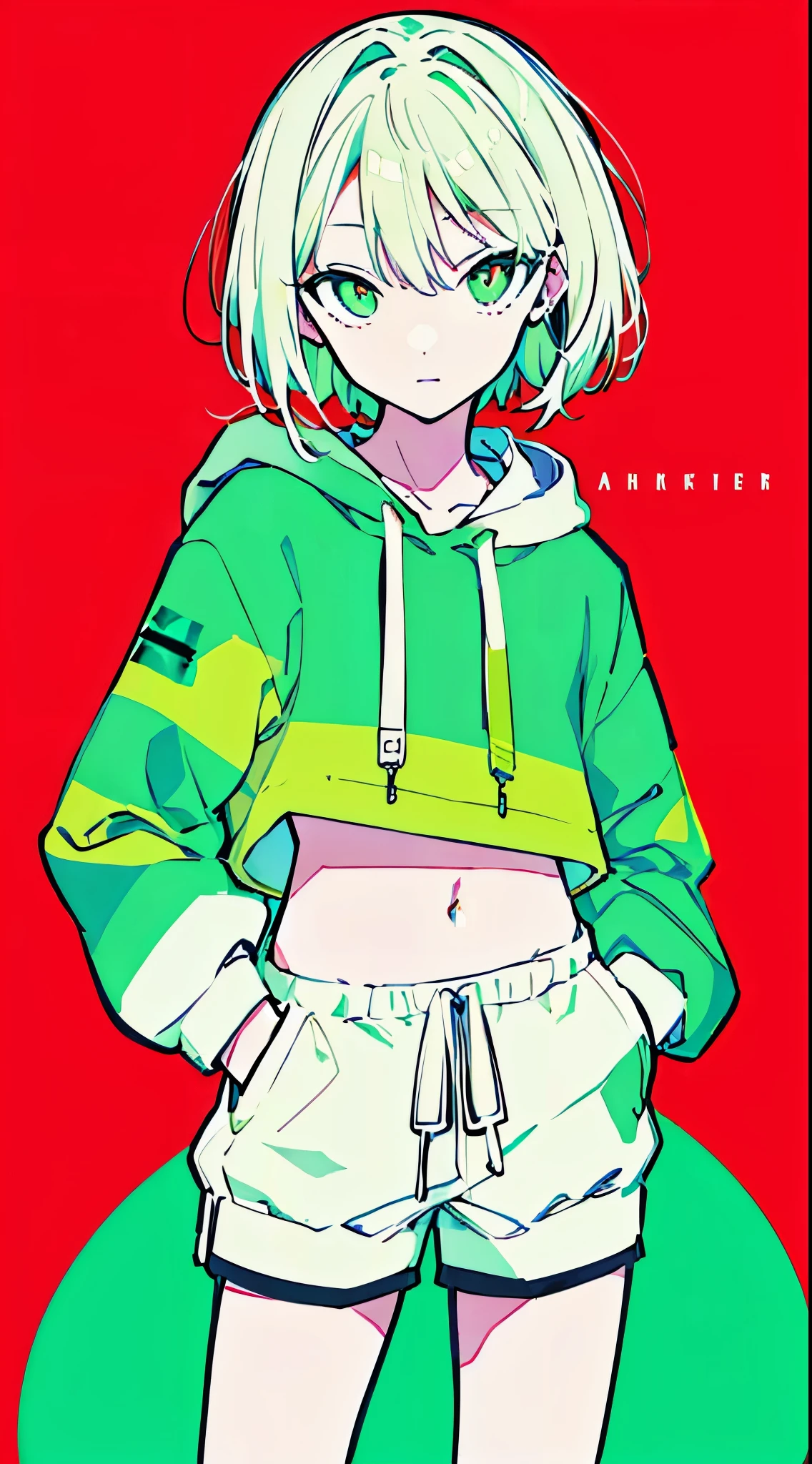 (masterpiece, highest quality:1.6), alone, thick outline, (simple background, red bright green background, monochrome, bright vibrant green theme:1.2), official art, Key Visual, 8K, confused, whole body, (Unique hair, oversized hoodie, hot pants, arch back, short torso:1.2), belly button, thighs, cowboy shot, HDR, sharp focus, High resolution, most detailed, very detailed, Super detailed, finely, detailed eyes and face, sharp pupils, realistic student, alone, green and white contrast, alone, hands in pockets