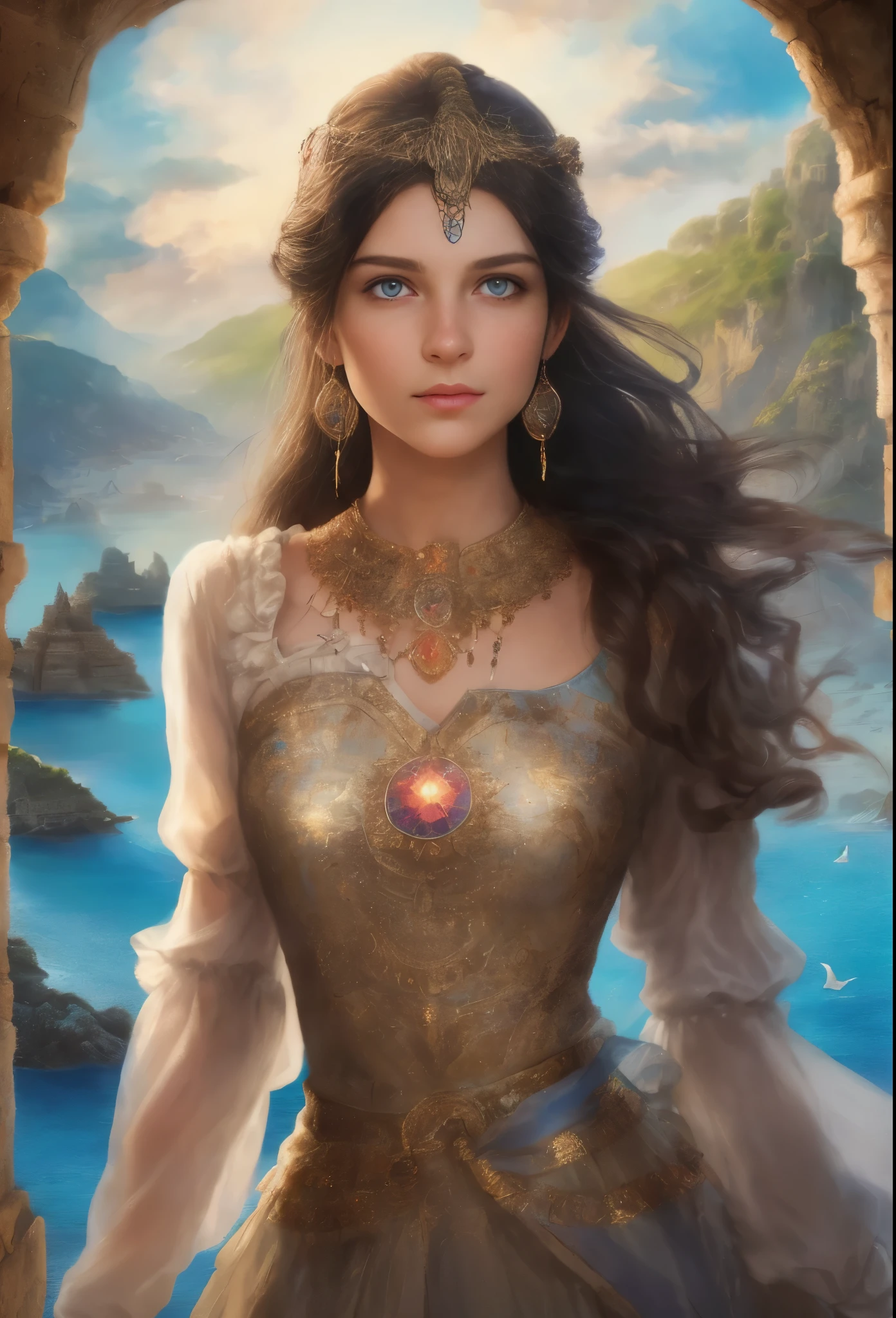 High resolution, brunette girl, 15 years old, bright blue eyes, pattern of stones on her face along the forehead to the temples, Brunette, temples slightly shaved, long black hair pulled back in a ponytail, temples slightly shaved, dressed in a silk shirt and loose trousers, bright blue eyes, portrait, the sea in the background, seagulls, realism, fantasy