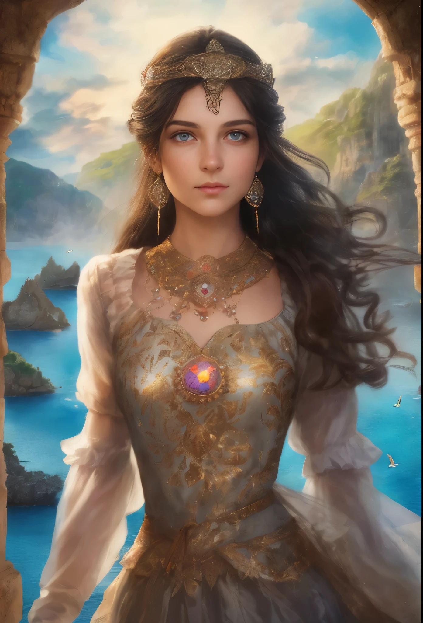 High resolution, brunette girl, 15 years old, bright blue eyes, pattern of stones on her face along the forehead to the temples, Brunette, temples slightly shaved, long black hair pulled back in a ponytail, temples slightly shaved, dressed in a silk shirt and loose trousers, bright blue eyes, portrait, the sea in the background, seagulls, realism, fantasy