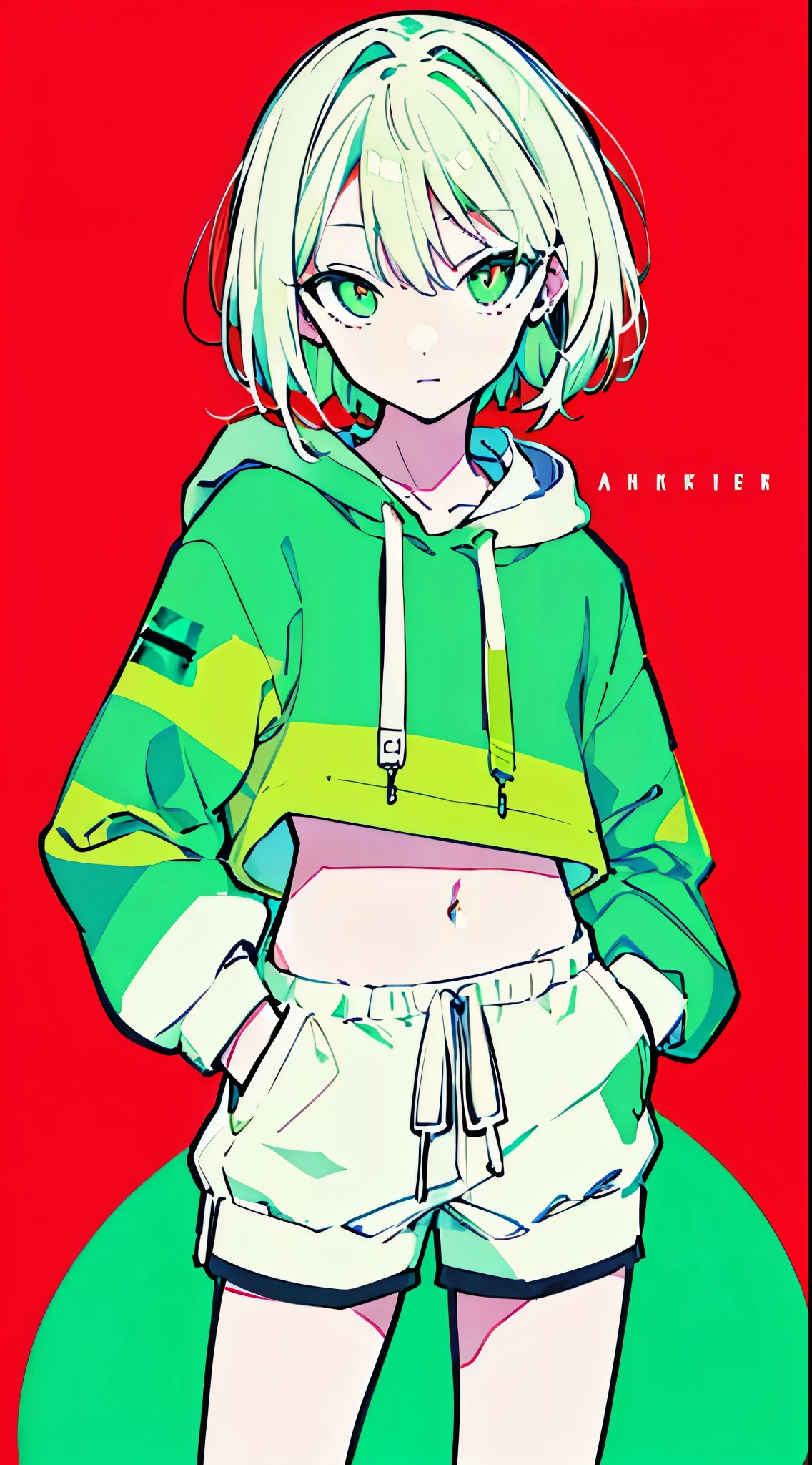 (masterpiece, highest quality:1.6), alone, thick outline, (simple background, red bright green background, monochrome, bright vibrant green theme:1.2), official art, Key Visual, 8K, confused, whole body, (Unique hair, oversized hoodie, hot pants, arch back, short torso:1.2), belly button, thighs, cowboy shot, HDR, sharp focus, High resolution, most detailed, very detailed, Super detailed, finely, detailed eyes and face, sharp pupils, realistic student, alone, green and white contrast, alone, hands in pockets