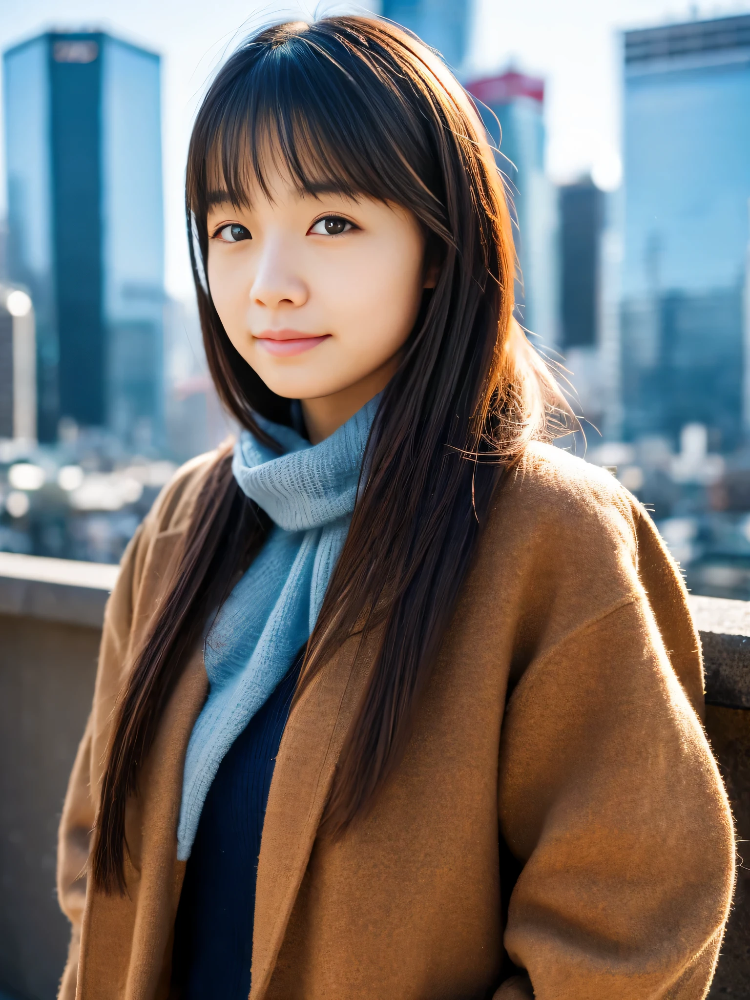 Photoreal, 8K full-length portrait, Beautiful woman, attractive look, Clear system, , Tokyo city, winter, Shibuya in the background