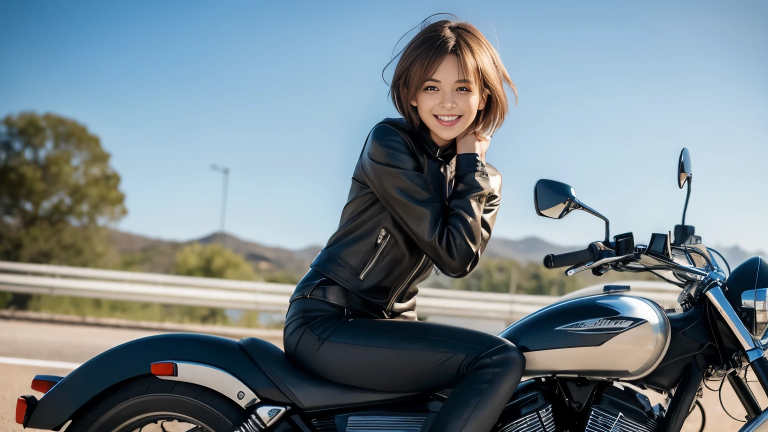 ((highest quality, 8K, masterpiece: 1.3)), sharp: 1.2, perfect body beauty: 1.4,pretty girl,Light brown short hair,(((Girl on a motorcycle))),slender body,A loose-fitting long-sleeve motorcycle jacket and matching leather pants.,Highly detailed face and skin texture,((full body shot)),Natural light,smile,((((Stretch your arms horizontally and wink))))
