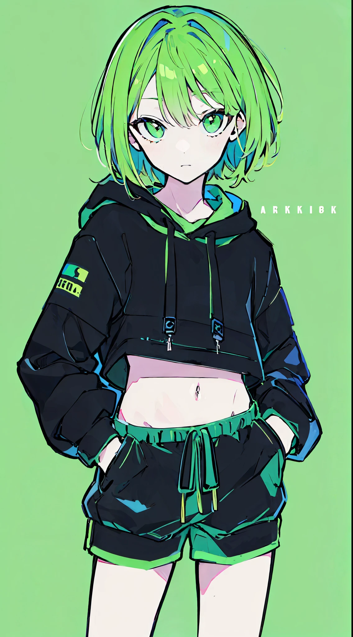 (masterpiece, highest quality:1.6), alone, thick outline, (simple background, bright green background, monochrome, bright green theme:1.2), official art, Key Visual, 8K, confused, whole body, (Unique hair, oversized hoodie, hot pants, arch back, short torso:1.2), belly button, thighs, cowboy shot, HDR, sharp focus, High resolution, most detailed, very detailed, Super detailed, finely, detailed eyes and face, sharp pupils, realistic student, alone, green and white contrast, alone, hands in pockets