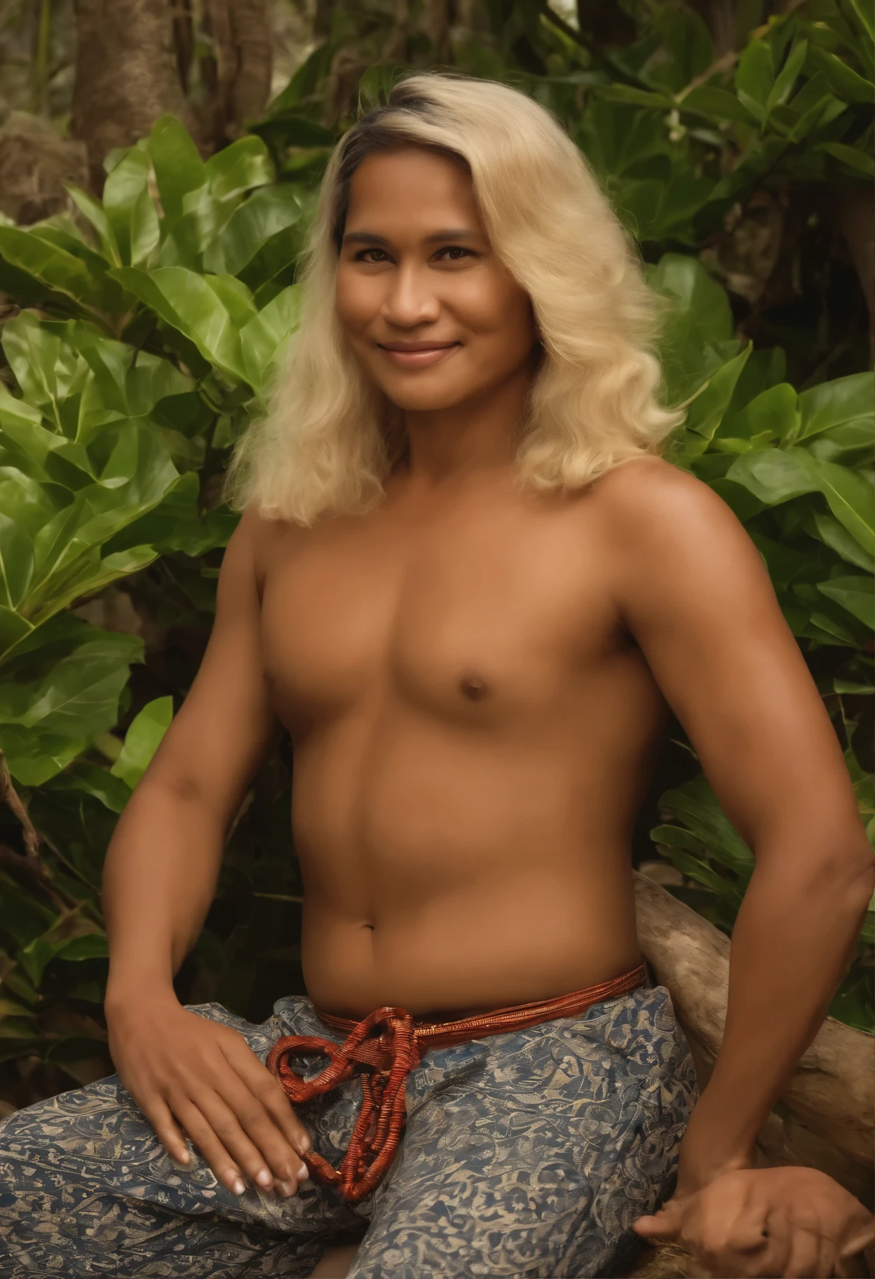 A naturist family of Balinese ethnicity, consist of medium skinned 39 years old wife, a light skinned 37 years old husband, and and a 10 years old light skinned son. The wife has blonde hair, saggy  and thick black pubic hair. The son is wearing a smartwatch.