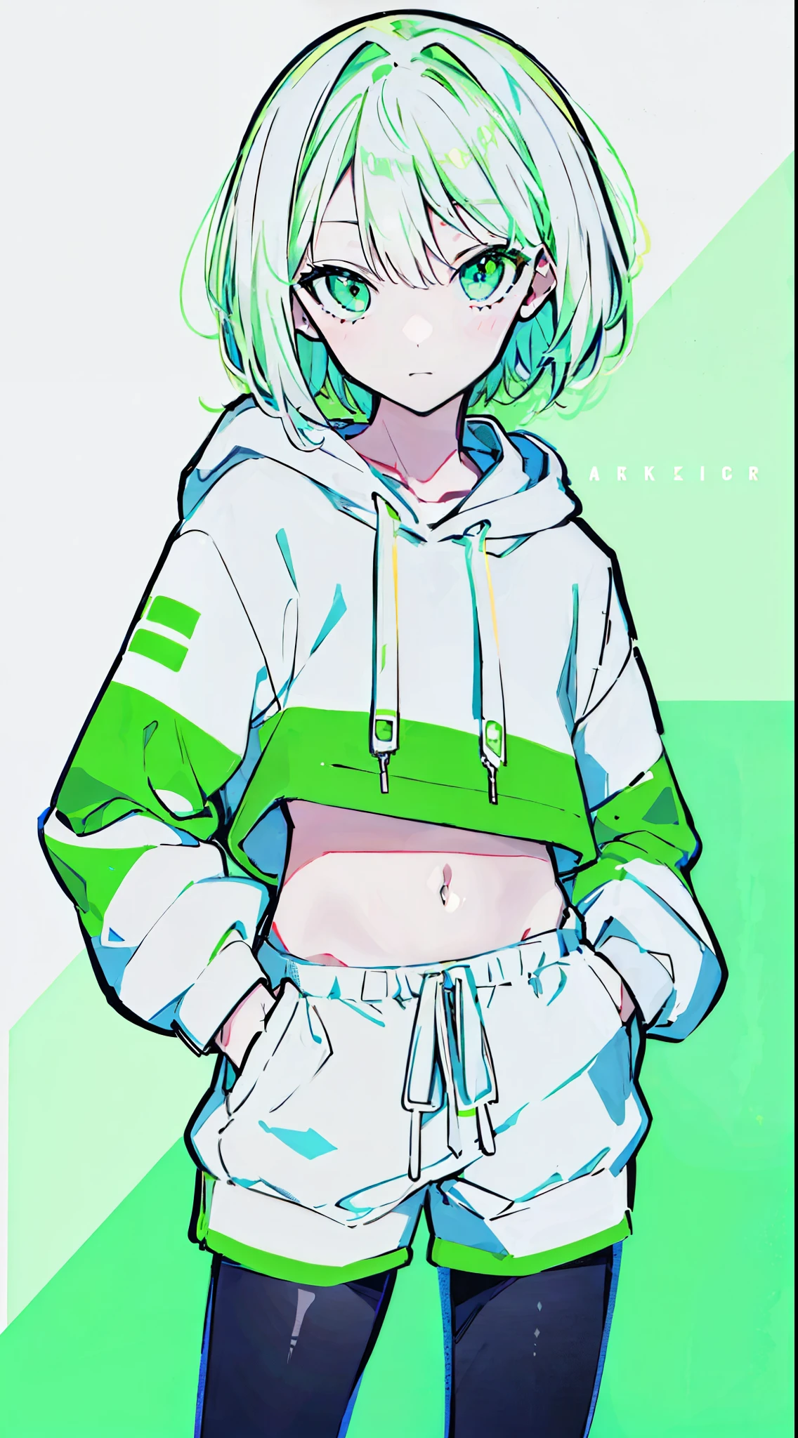 (masterpiece, highest quality:1.6), alone, thick outline, (simple background, bright green background, monochrome, bright green theme:1.2), official art, Key Visual, 8K, confused, whole body, (Unique hair, oversized hoodie, hot pants, arch back, short torso:1.2), belly button, thighs, cowboy shot, HDR, sharp focus, High resolution, most detailed, very detailed, Super detailed, finely, detailed eyes and face, sharp pupils, realistic student, alone, green and white contrast, alone, hands in pockets
