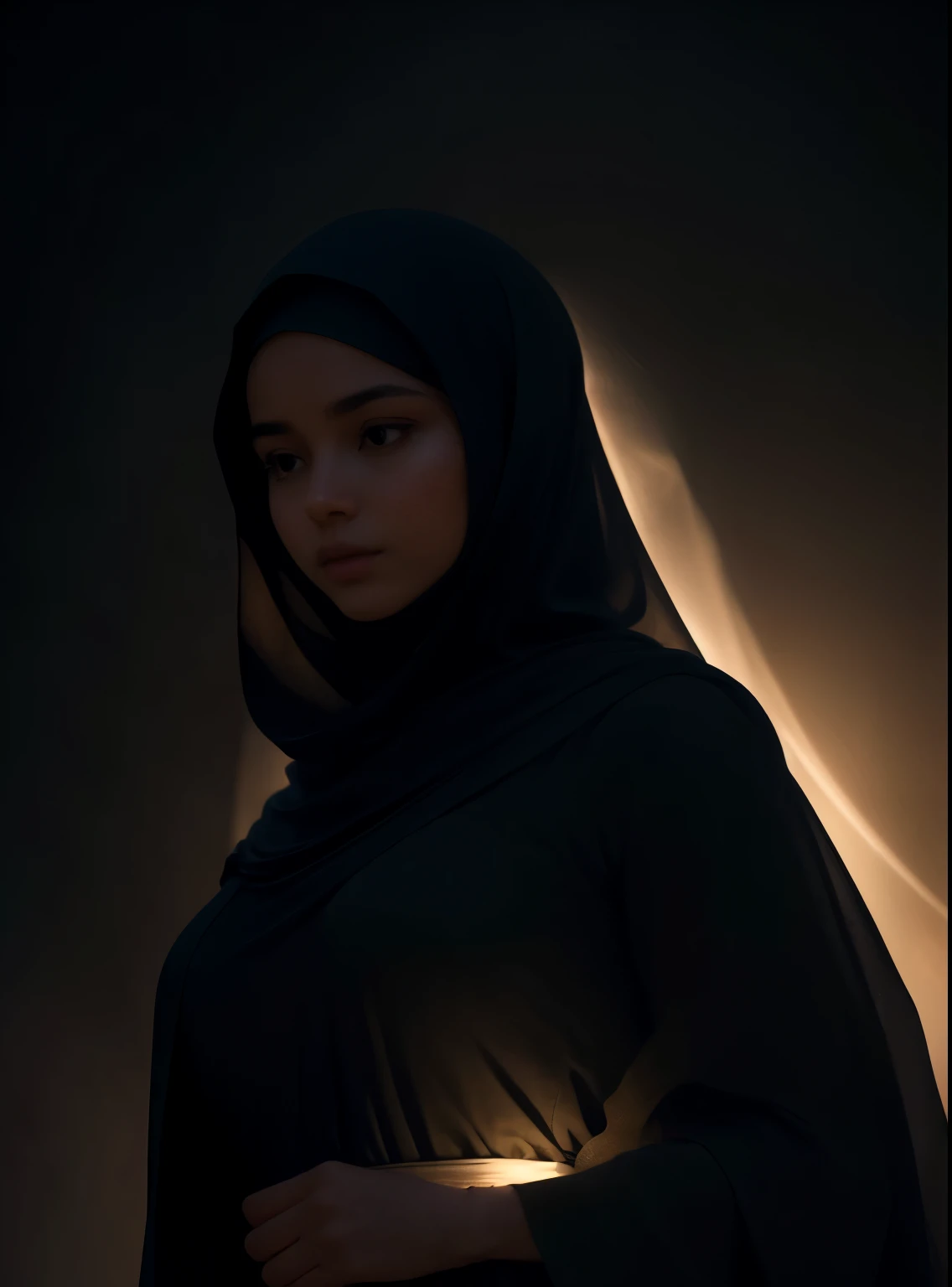 (best quality,highres,ultra-detailed,realistic:1.37),silhouette of hijab girl with silky long dresswalking out of the darkest cave, leafing the viewers, dramatic lighting,subtle glow,soft mist,serene atmosphere,gentle breeze,moonlit night,hauntingly beautiful,charcoal sketch-inspired,contrast of light and shadow,details of flowing hair,graceful posture,subtle contours,depth and texture,ethereal feel,sublime beauty,dreamlike quality,striking contrast between darkness and light,vibrant colors in the background,subdued colors on the silhouette,a hint of vulnerability and strength,secrets and mysteries of the night,peaceful and empowering imagery