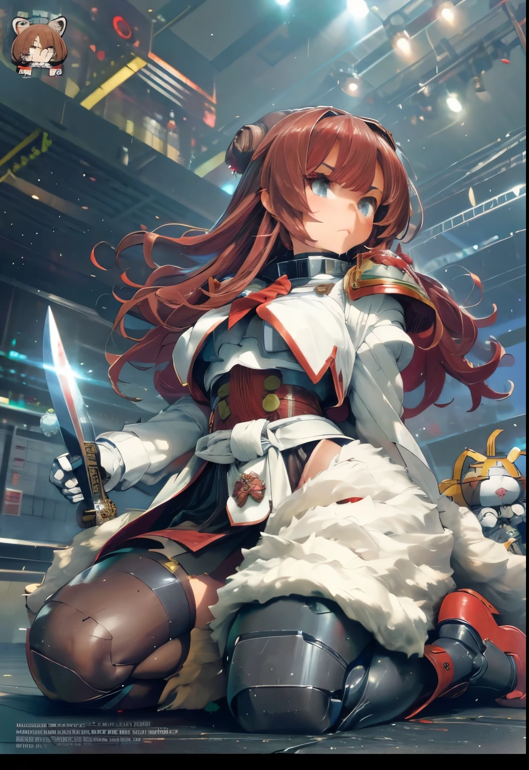 Masterpiece, intricate, anime style, full body, 1girl, warhammer 40k style, white scars, space marine feature, white scars emblem, white power armor, (bun, long hair, :1.25), beard, REST, Sword, sword in hand, action, rakkun, racoon ears, 1tail, fluffy tail, brown and light brown ringed tail, red and blue eyes blurred, short hair, red inner hair, brown hair, a strand of hair on the left side, red hair strips, cybernetic body, mecha arms, mecha legs, mechanical arms, mechanical legs, short black shirt uncovered on the shoulders and with a black mesh with black borders up to the collar, polo shirt, short black skitr whit dark red checkered, black belt around the waist, looking at viewer, best quality, 4k,highres, professional art, professional drawing, professional lineart, outlined markers, 