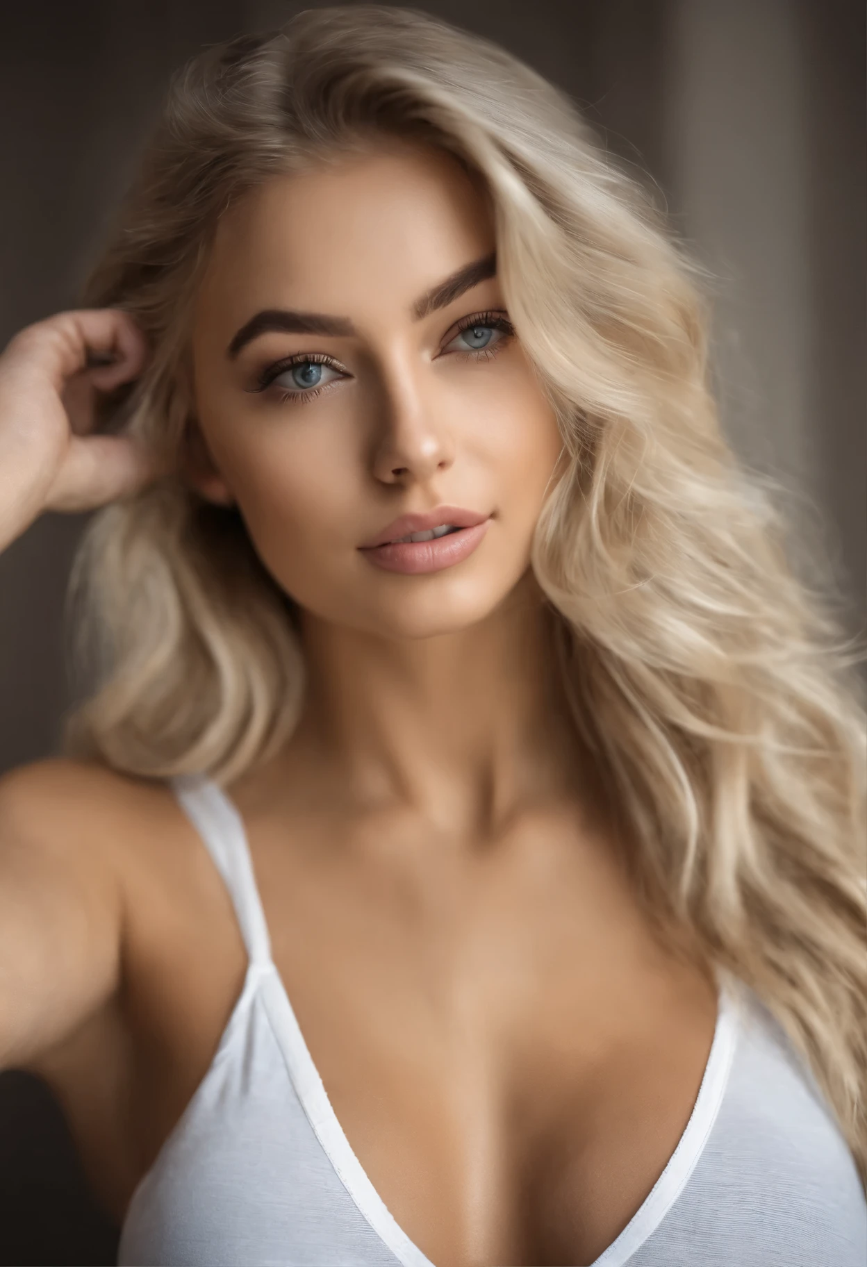 blonde woman with matching tank top and panties, fille sexy aux yeux bleus, Portrait Sophie Mudd, Portrait de Corinna Kopf, cheveux blonds et grands yeux, selfie of a young woman, ohne Maquillage, maquillage naturel, Look directly into the camera, Visage avec Artgram, dezentes Maquillage, Superbe photo du corps entier, dans la chambre, gros seins, Blonde, Latin. please create 10 photos in different tops and locations