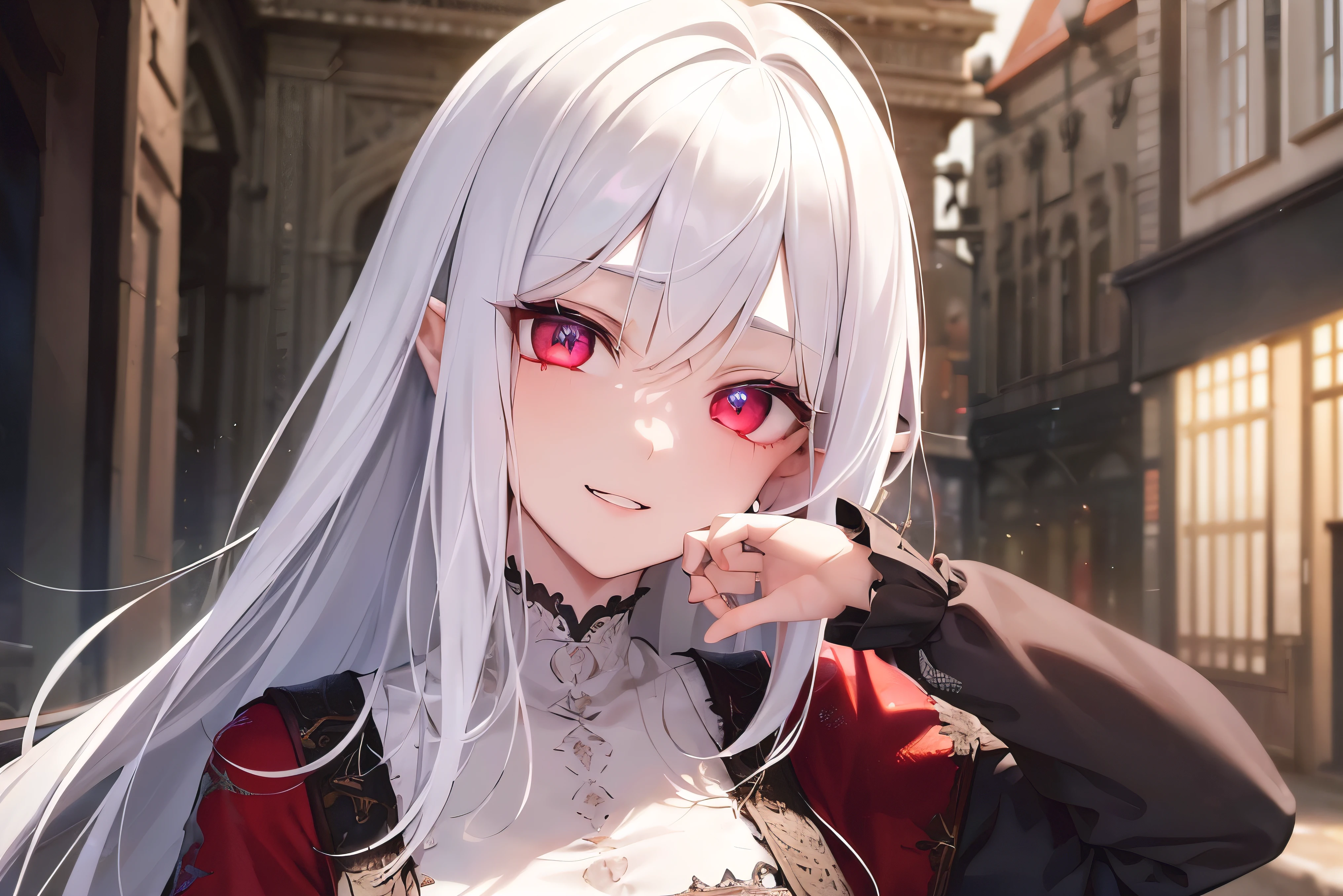 (Ultra HD, obra de arte, Pele texturizada, super detalhe, detalhes altos, alta qualidade, melhor qualidade), 1 garota, pale skin, olhos vermelhos profundos, ((Roupas esfarrapadas, roupas desgastadas)), (Roupas brancas), Cabelo branco comprido, cabelo claro, (rainha vampira), (Olha acenando para as pessoas, em uma rua medieval)

[Alerta facial:(obra de arte:1.2), melhor qualidade, (olhos extremamente detalhados:1.4), (olhos altamente detalhados:1.6), olhos altamente detalhados, (olhar calmo, Talking to you look:1.5), (olhos vermelhos), Look talking to you]


(Orelhas pontudas)
[Alerta de boca: (boca sorridente), presas fofas, boca aberta