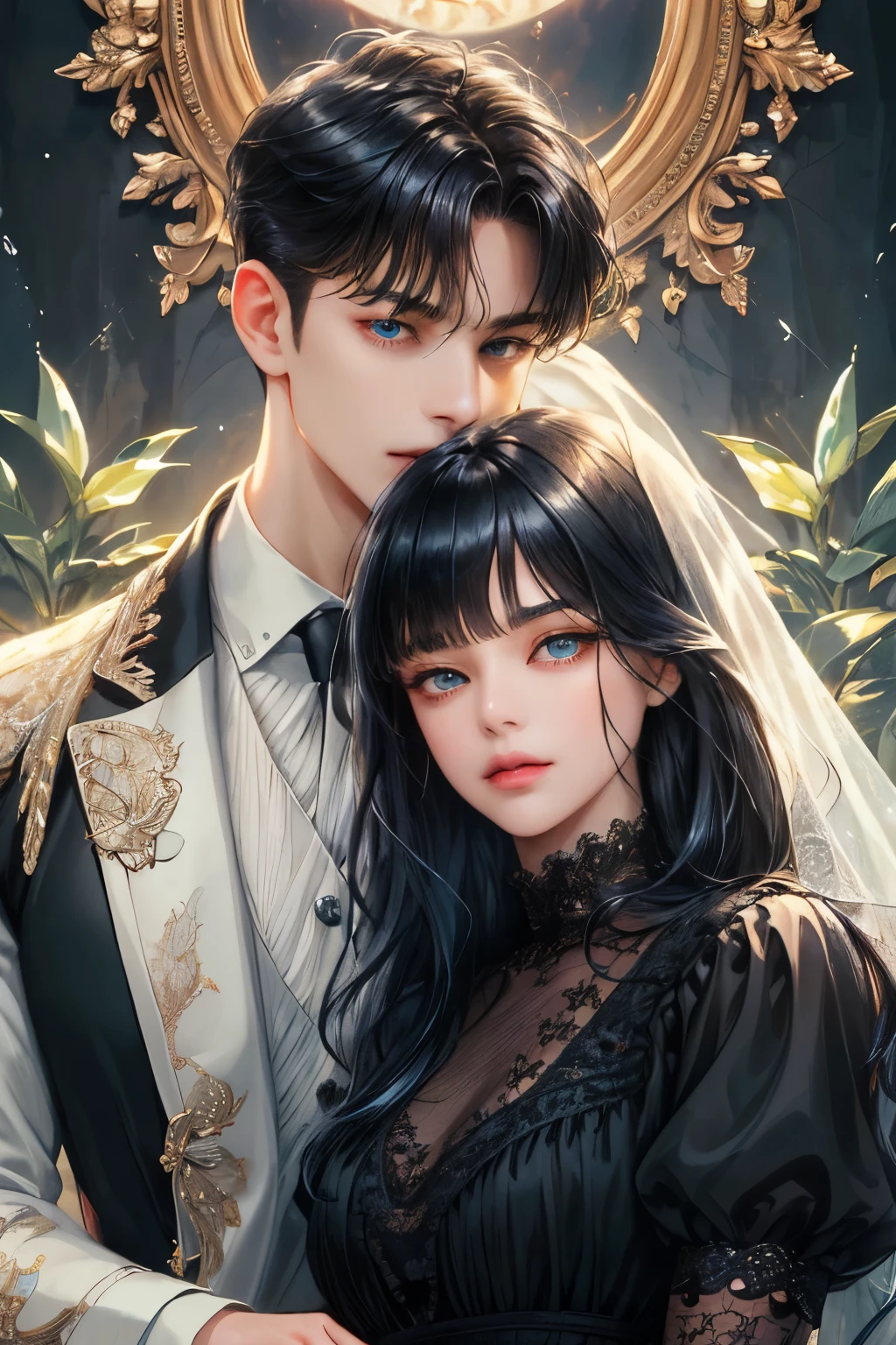 (absurdly , high quality , masterpiece , ultra detailed), ( detailed to hand ) (detailed to eyes) (detailed to face) , couples, 1 man (short black Quiff hair with Soft Fringe, bangs part on side 3:7 ratio blue eye) and 1 woman (semi long black hair with fringe, brown eyes) love ,pretty eyes ) , black hair, fantasy, detailed background, soft light