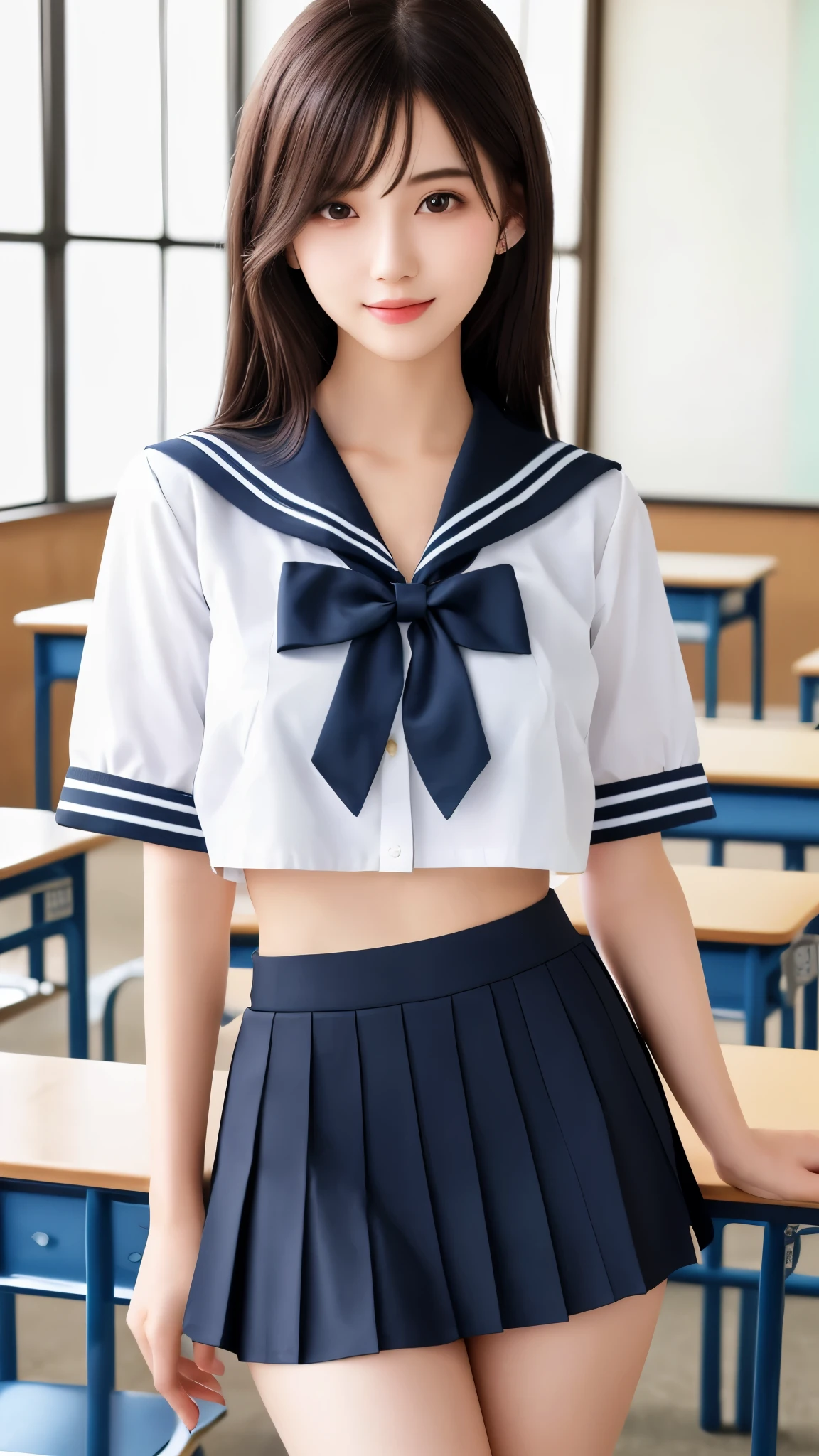 最high quality、high quality、best image quality、8K、最High resolution、High resolution、最high quality、masterpiece、RAW photo、whole body写真、Realistic human body with detailed details、Realistic skin in every detail、Realistic face in every detail、Realistic eyes in every detail、Realistic lips in every detail、Realistic teeth in every detail、Realistic ears with attention to detail、Realistic hair with detailed details、Realistic arms with attention to detail、Realistic hands with attention to detail、Realistic fingers with attention to detail、(fine hands、thumb1reference4)、Realistic legs with attention to detail、Realistic feet with attention to detail、((beautiful japanese girl))、(japanese model), (japanese woman)、((18 year old beautiful girl))、(black hair)、(straight hair)、((whole body))、((Upward beautiful breasts、Medium chest))、(slim style、slender style)、(whole body光沢肌、Fair skin)、Detailed and realistic human body、detailed realistic skin、detailed realistic face、detailed realistic arms、Detailed realistic fingers、Detailed realistic feet、soft natural light、sailor suit、school uniform、junior high school、high school、Junior School、japanese school uniform、((Transparent see-through(クロストップsailor suit、Sailor Mini Skirt))、((In the classroom of the school(Pose that makes your thighs look beautiful))