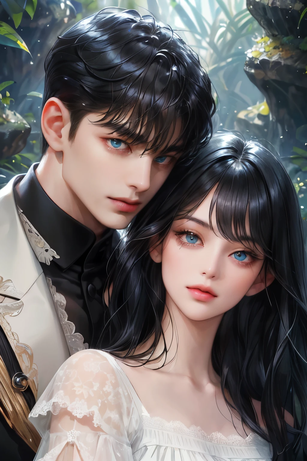 (absurdly , high quality , masterpiece , ultra detailed), ( detailed to hand ) (detailed to eyes) (detailed to face) , couples, 1 man (short black Quiff hair with Soft Fringe, bangs part on side 3:7 ratio blue eye) and 1 woman (semi long black hair with fringe, brown eyes) love ,pretty eyes ) , black hair, fantasy, detailed background, soft light