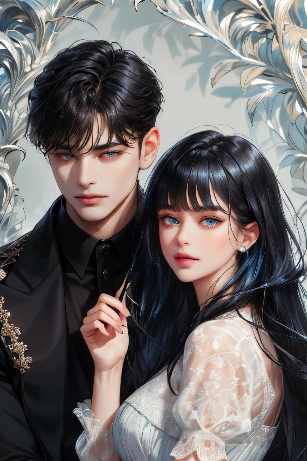 (absurdly , high quality , masterpiece , ultra detailed), ( detailed to hand ) (detailed to eyes) (detailed to face) , couples, 1 man (short black Quiff hair with Soft Fringe, bangs part on side 3:7 ratio blue eye) and 1 woman (semi long black hair with fringe, brown eyes) love ,pretty eyes ) , black hair, fantasy, detailed background, soft light