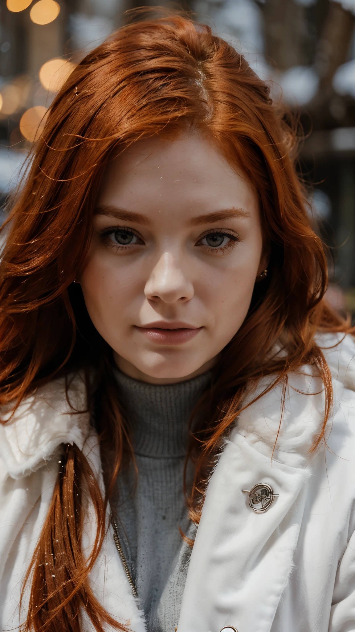female, 28 years old, redhead, ginger, snow, fur coat, closeup