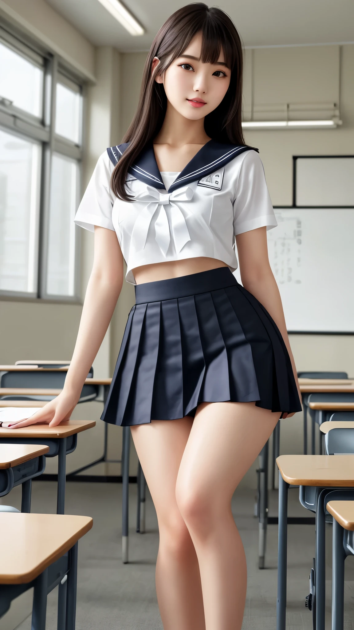 最high quality、high quality、best image quality、8K、最High resolution、High resolution、最high quality、masterpiece、RAW photo、whole body写真、Realistic human body with detailed details、Realistic skin in every detail、Realistic face in every detail、Realistic eyes in every detail、Realistic lips in every detail、Realistic teeth in every detail、Realistic ears with attention to detail、Realistic hair with detailed details、Realistic arms with attention to detail、Realistic hands with attention to detail、Realistic fingers with attention to detail、(fine hands、thumb１reference４)、Realistic legs with attention to detail、Realistic feet with attention to detail、((beautiful japanese girl))、(japanese model), (japanese woman)、((18 year old beautiful girl))、(black hair)、(straight hair)、((whole body))、((Upward beautiful breasts、Medium chest))、(slim style、slender style)、(whole body光沢肌、Fair skin)、Detailed and realistic human body、detailed realistic skin、detailed realistic face、detailed realistic arms、Detailed realistic fingers、Detailed realistic feet、soft natural light、sailor suit、school uniform、junior high school、high school、Junior School、japanese school uniform、((Transparent see-through(クロストップsailor suit、Sailor Mini Skirt))、((In the classroom of the school(Pose that makes your thighs look beautiful))、angle from below