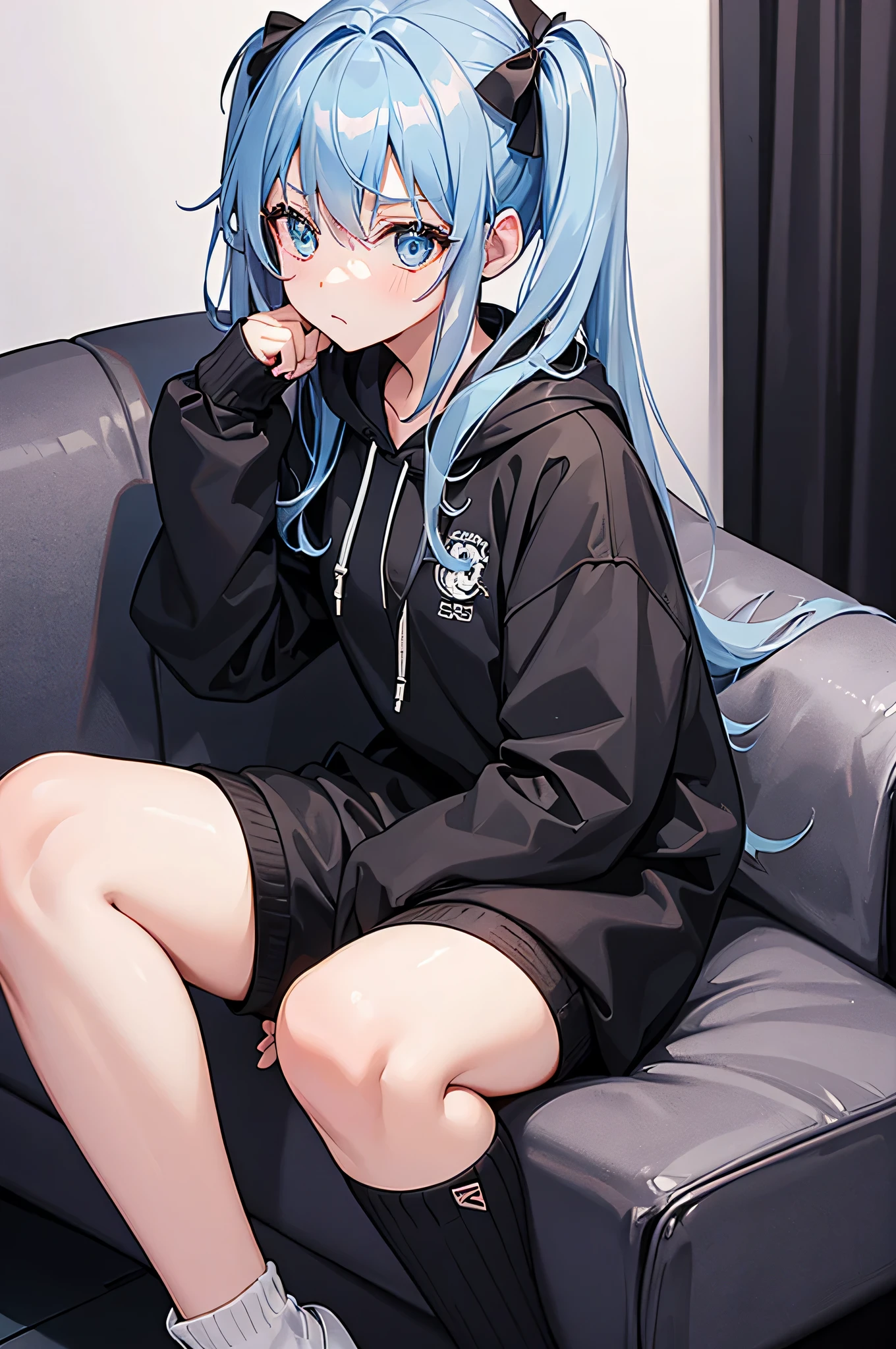 1 girl, short light blue grayish hair with pigtails, dark gray hoodie, black shorts, black thigh highs, small breast, small butt, sad and tired expresion, siting in her room with her phone, dark room, blue detailed eyes