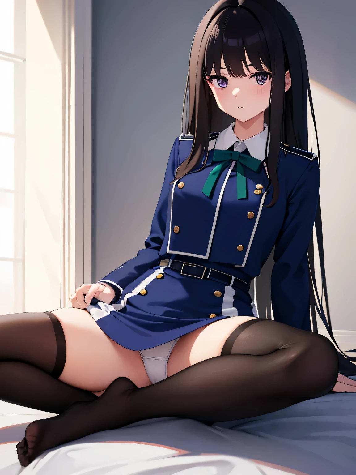 Takiinoue, Inoue Takina, Long hair, Bangs, Black hair, (Purple eyes:1.2), BREAK shirt, Long sleeves, Dress, bow ribbon, School uniform, White shirt, Collared shirt, Belt bag, Neck ribbon, Blue Dress, Green Ribbon, pleated dress, grey dress, Two-tone dresses, Blue belt, Lycoris Uniform, masterpiece、top-quality、best、超A high resolution、intricate-detail、An ultra-fine illustrations、perfect anatomia、Correct anatomy、perfectly proportions、Full body of one 、face perfect、Hands are2、perfect hand、The feet are in2、perfect leg、4 fingers and 1 thumb、Perfect fingers、18year old、1人、Full body from head to leg、full bodyesbian、、Thin leg、sitting down on the floor、Put on the floor、laying on back、Opening legs、Inter-strands、Lying on a white bed facing the front、Slender feet、legs slightly open、Sleeping in a big letter、Legs are spread、Panchira、Full body portrait、Panting face、red blush、Embarrassed look、A slightly sad look、white panties、Pure white panties、Black_Stockings、black transparent stockings、Black knee socks、Black Knee High、Black stockings、Black pantyhose、Black Lace Pantyhose、black lence stockings、Black light pantyhose、Black transparent pantyhose、No shoes、No shoes on、White background under stockings_Pure white_panties on、Pure white underwear、Pure white panties、Panties are visible from the skirt、I took off my skirt、I don't wear a skirt、Pure white bra、Japanese high school students、Bedrooms、in a house、during daytime、()、((full body Esbian))、masterpiece、(top-quality)