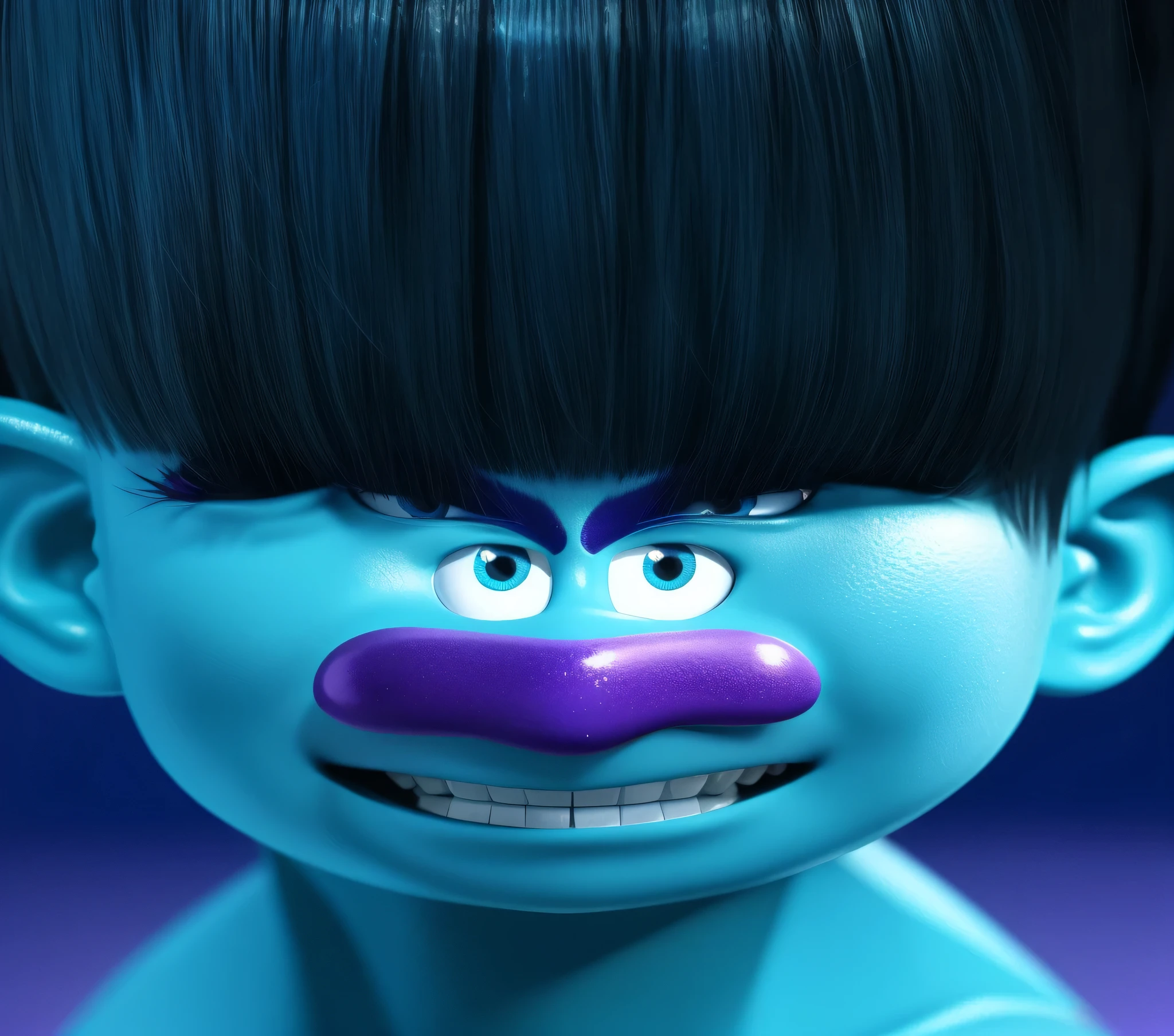The photo shows a frame from a cartoon "Trolls". The blue troll character is depicted with a sense of surprise.. На нем крупным планом изображен blue troll с двумя большими голубыми вьющимися глазами, raised up in surprise.. The troll has a blue face with dark blue eyebrows and blue eyes.. He has a big purple nose underneath. He has a big purple nose underneath. It shows a close-up of a blue troll with large afro hair.. The troll has a blue face with dark blue eyebrows and blue eyes. with black eyelashes. He has a purple nose, blue troll, big blue eyes and black eyebrows.. blue troll с черными волосами и большими голубыми глазами. The troll has thick eyebrows and long eyelashes. glossy trolls with glossy texture, smooth 3d model, Multiple light sources, rim light, sharp rendering of post-effects, (Glossy metal texture with many large refractions of light probes), perfect CG, Anthropomorphic cat, Digital art, detailed Digital art, specular, Best quality, 4K, masterpiece:1.2, ultra detailed, Realistic, bright colors, dark and moody lighting, Highest quality image, ensuring every detail is showcased perfectly. It in 4K resolution, allowing viewers to be immersed in the richness of colors and intricate details. The Realistic rendering. in the spotlight, specular, High-resolution image, Realistic rendering, dark background, and rim light