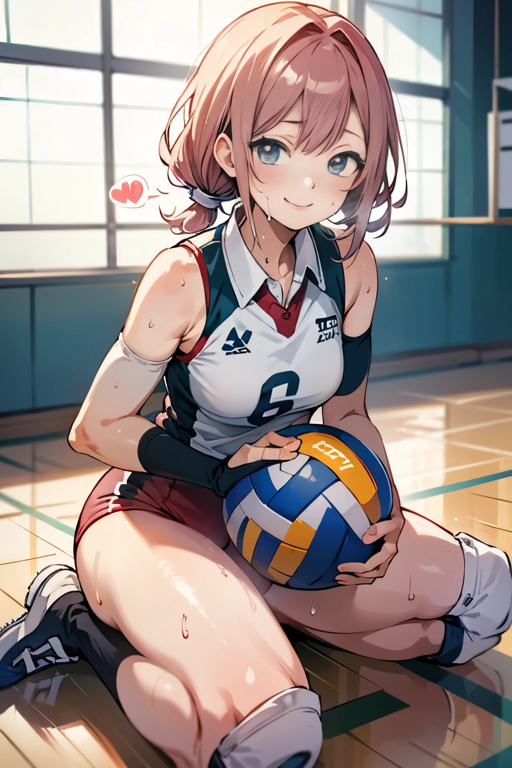 unity 8k wallpaper, anatomically correct, (((masterpiece))), (((best quality))), (((ultra detailed))), (((high-resolution))), ((Ultimate cutie)), perfect hands, perfect finger, (((good anatomy))), detailed beautiful face, shiny hair, (((gyaru))), (potbelly), (curvy), medium breasts, ((Thick thighs)), (((solo))), ((seductive smile)), (((blush))), 
BREAK, (((sit astride the perfectly spherical shape 6-inch volleyball))), (((Straddling a perfectly spherical 6" volleyball))), (((Perfectly spherical 6" volleyball fits perfectly crotch))), BREAK, (((Rub the  Perfectly spherical 6" volleyball against crotch))), 
BREAK, (Collared volleyball uniforms), sleeveless, ((buruma)), ((kneepad)), pussy juice stained, (elbow pad), (((sweat))), (((covered in sweat))), ((deep breathing)), in Volleyball Court, indoor, lighting,  looking at viewer, full body, (spoken heart)