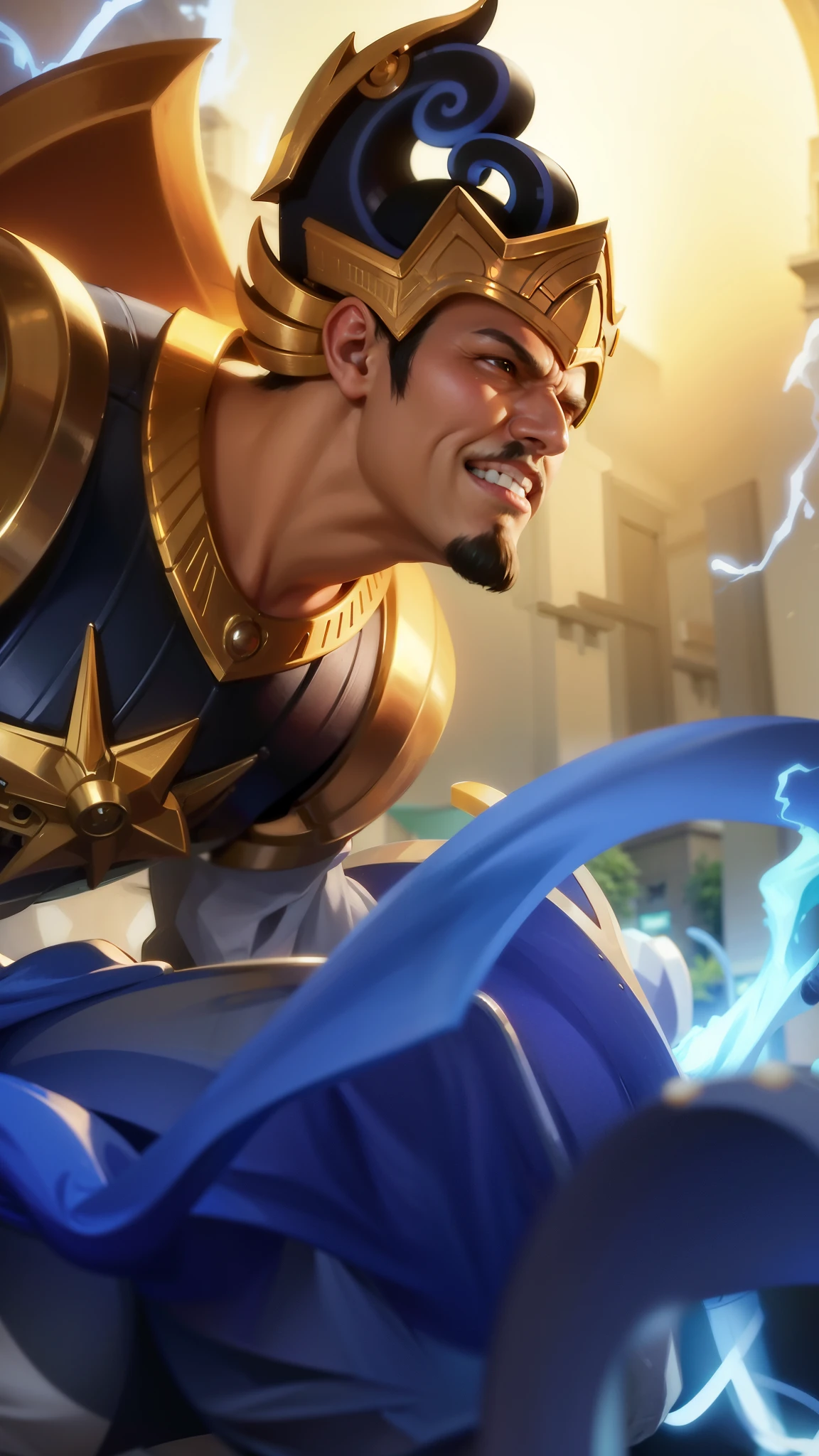 a close up of a man with a helmet on holding a sword, gatotkaca, young handsome, angry, masterpeace, 8K quality, High resolution, super detail, realistic, Raw photo.