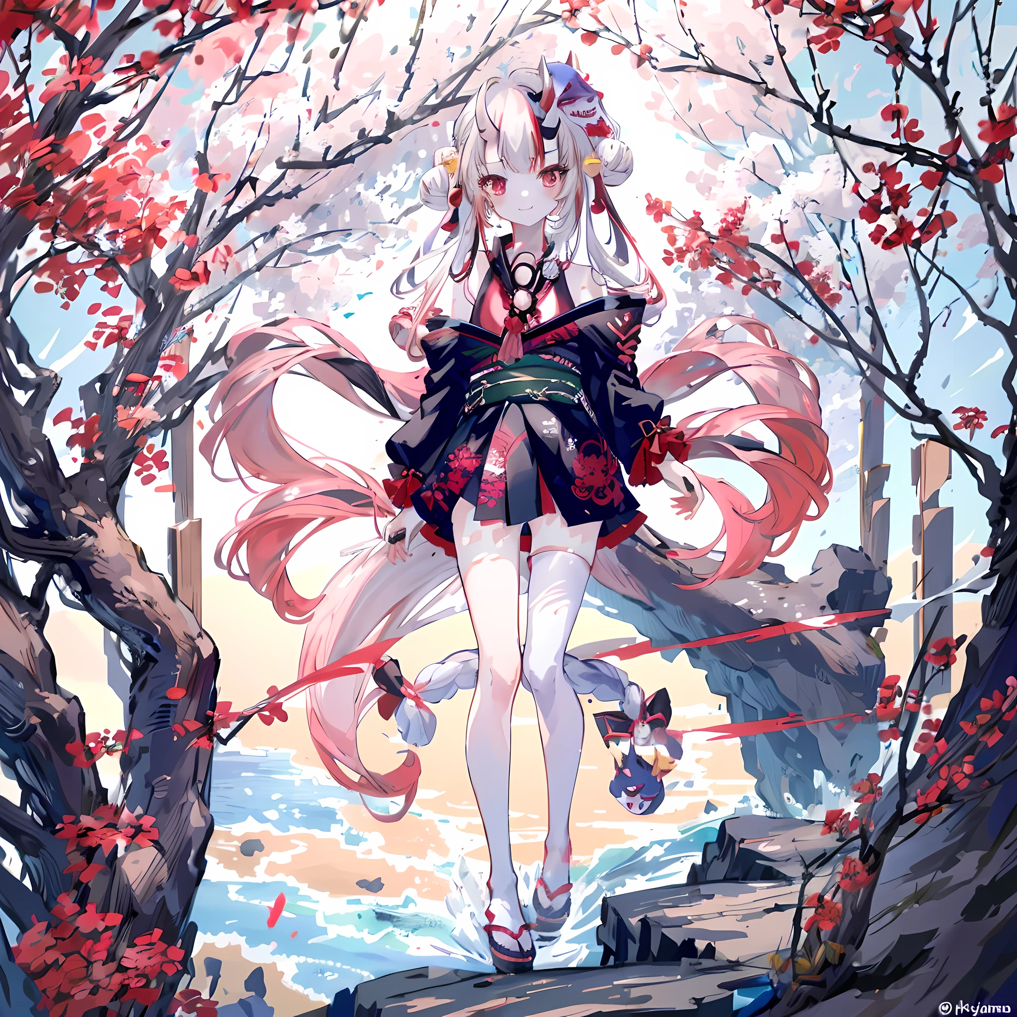 masterpiece, best quality, ridiculous, perfect anatomy, 1 girl, alone, Kiri Ayame, long hair, twice as good, Ayame base, black kimono, Hairbell, Heart, white stockings, bare shoulders, long sleeves, ghost mask, Wear a mask on your head, outdoor, permanent, Cherry tree, Put your arms behind your back, Smile