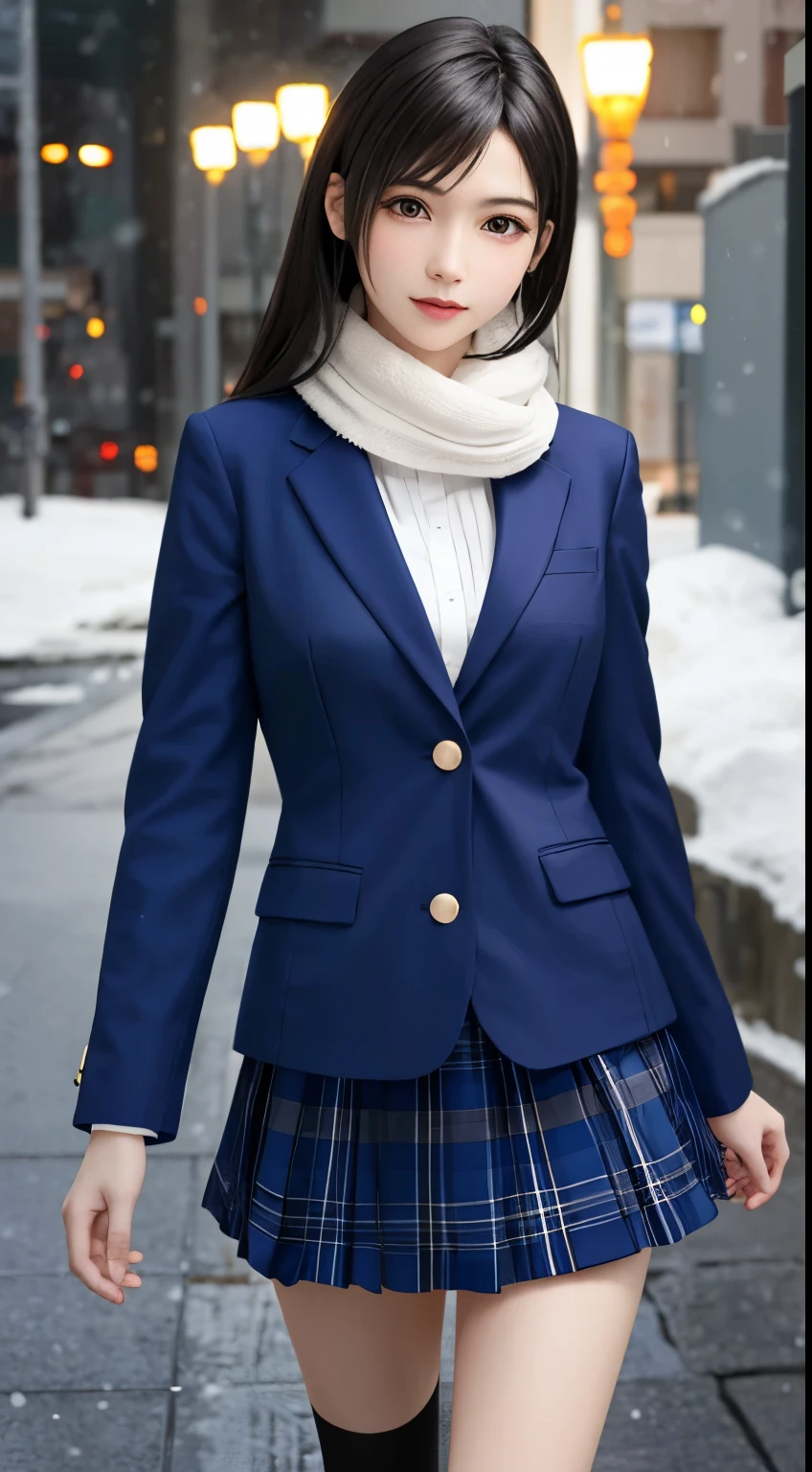 (top quality, masutepiece: 1.1), (Realistic: 1.3), (photoRealistic: 1.3),wallpapers, BREAK (((FF7,Tifa_lockhart))),(((knit ,very fluffy, long scarf))),(((Japan jk uniform,Navy Blue blazer,school shirt,long-sleeved,Navy Blue Plaid Pleated mini-Skirt,Dark blue short socks,loafers))),((Hair is inside the scarf)),(background big city,shibuya:1.1,hard snow:1.3,neon:1.2),Cinematic lighting,city light at night,(gravure pose:1.3,nogizaka idol),Ultra-detailed face, Detailed eyes,Red eyes, BREAK (((FF7,Tifa_lockhart))),(black brown hair, Large breasts: 1.0), BREAK , About 18 years old,kawaii,sensual,looking at viewer,Beautiful legs,walking,wet body:1.3,Heavy snow  , In the snow,Snow falls