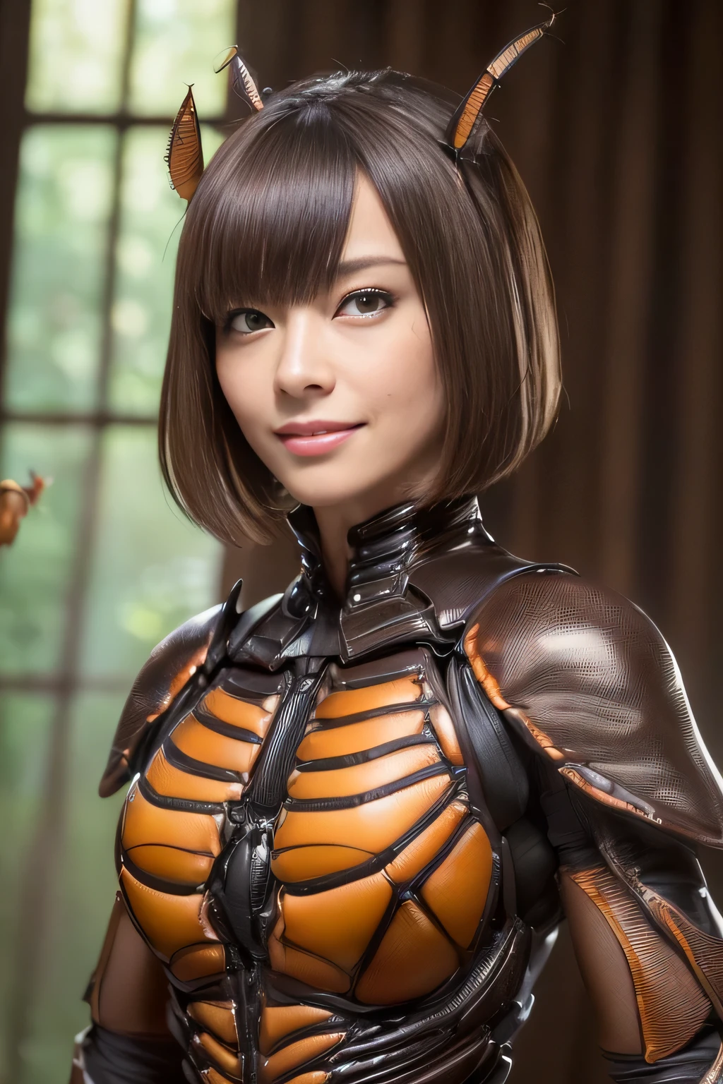 (High resolution,masterpiece,highest quality,Very detailed CG, anime, official art:1.4), realistic, photograph, amazing detail, all complicated, luster and luster,great many layers, 8k wallpaper, 3D, sketch, cute, figure,( alone:1.4), perfect female proportions,villain&#39;s daughter, (Fusion of dark brown cockroach and lady:1.4), (brown cockroach form lady:1.2), (brown cockroach woman:1.2), (Fusion:1.2), (alone:1.4), (evil smile:1.2), muscular, abs, (Cockroach brown exoskeleton bio insect suit:1.4), (Cockroach brown exoskeleton bio insect armor:1.2), (brown transparent cockroach feathers:1.4), (brown cockroach antenna:1.3),