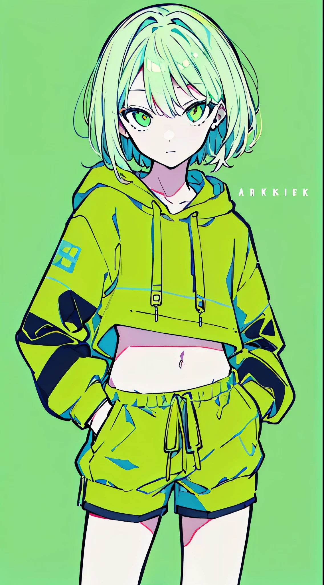 (masterpiece, highest quality:1.6), alone, thick outline, (simple background, bright green background, monochrome, bright green theme:1.2), official art, Key Visual, 8K, confused, whole body, (Unique hair, oversized hoodie, hot pants, arch back, short torso:1.2), belly button, thighs, cowboy shot, HDR, sharp focus, High resolution, most detailed, very detailed, Super detailed, finely, detailed eyes and face, sharp pupils, realistic student, alone, green and white contrast, alone, hands in pockets