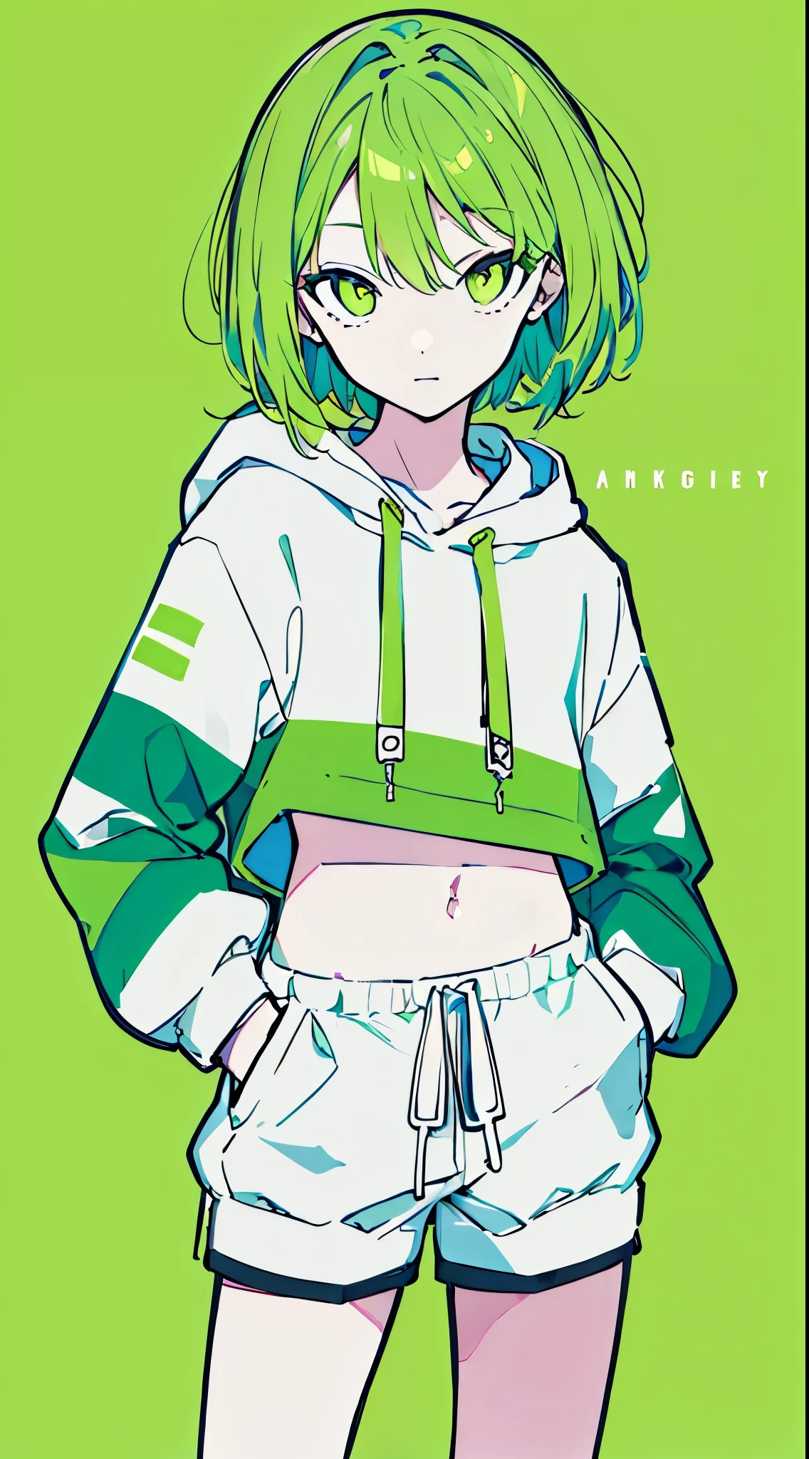 (masterpiece, highest quality:1.6), alone, thick outline, (simple background, bright green background, monochrome, bright green theme:1.2), official art, Key Visual, 8K, confused, whole body, (Unique hair, oversized hoodie, hot pants, arch back, short torso:1.2), belly button, thighs, cowboy shot, HDR, sharp focus, High resolution, most detailed, very detailed, Super detailed, finely, detailed eyes and face, sharp pupils, realistic student, alone, green and white contrast, alone, hands in pockets