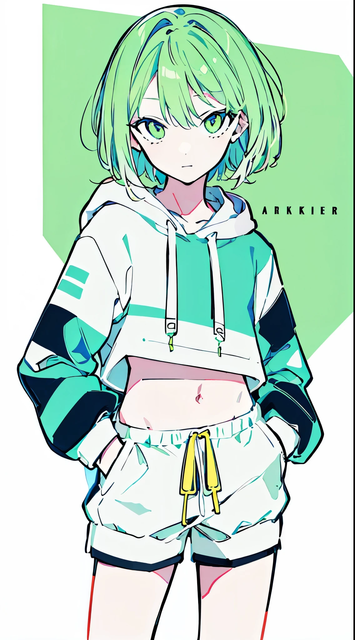 (masterpiece, highest quality:1.6), alone, thick outline, (simple background, bright green background, monochrome, bright green theme:1.2), official art, Key Visual, 8K, confused, whole body, (Unique hair, oversized hoodie, hot pants, arch back, short torso:1.2), belly button, thighs, cowboy shot, HDR, sharp focus, High resolution, most detailed, very detailed, Super detailed, finely, detailed eyes and face, sharp pupils, realistic student, alone, green and white contrast, alone, hands in pockets