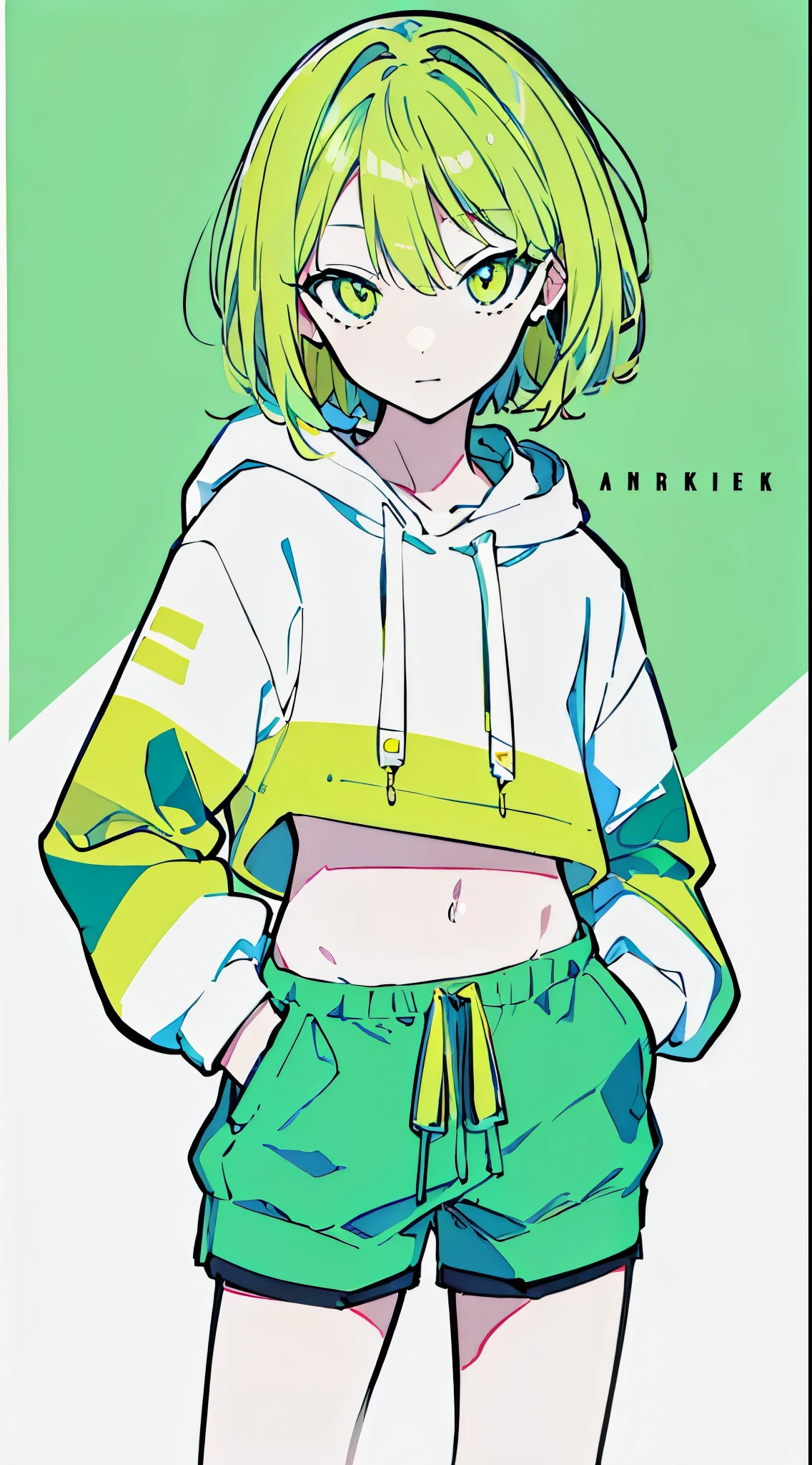 (masterpiece, highest quality:1.6), alone, thick outline, (simple background, bright green background, monochrome, bright green theme:1.2), official art, Key Visual, 8K, confused, whole body, (Unique hair, oversized hoodie, hot pants, arch back, short torso:1.2), belly button, thighs, cowboy shot, HDR, sharp focus, High resolution, most detailed, very detailed, Super detailed, finely, detailed eyes and face, sharp pupils, realistic student, alone, green and white contrast, alone, hands in pockets